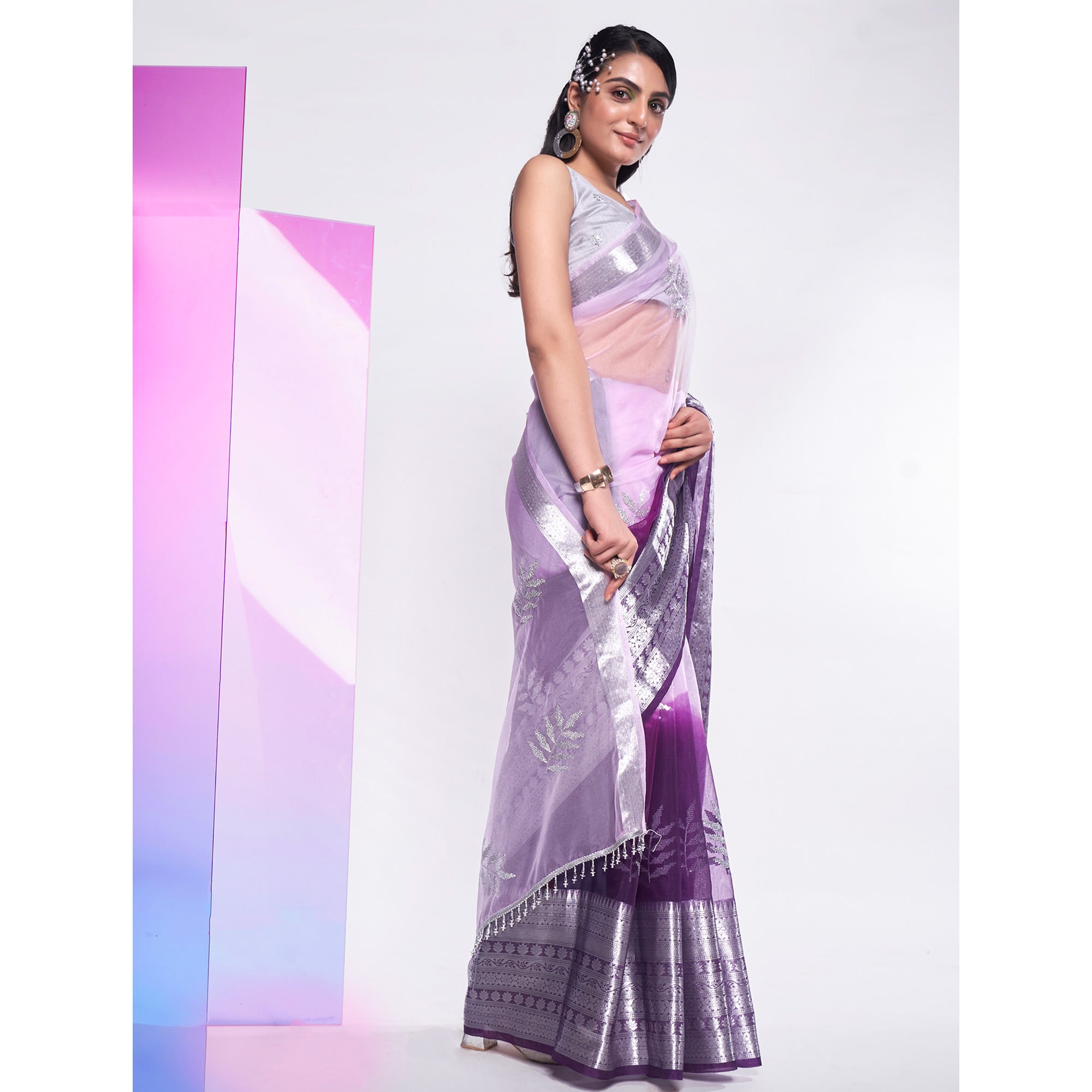 Purple & Light Pink Sequins Embroidered Organza Saree