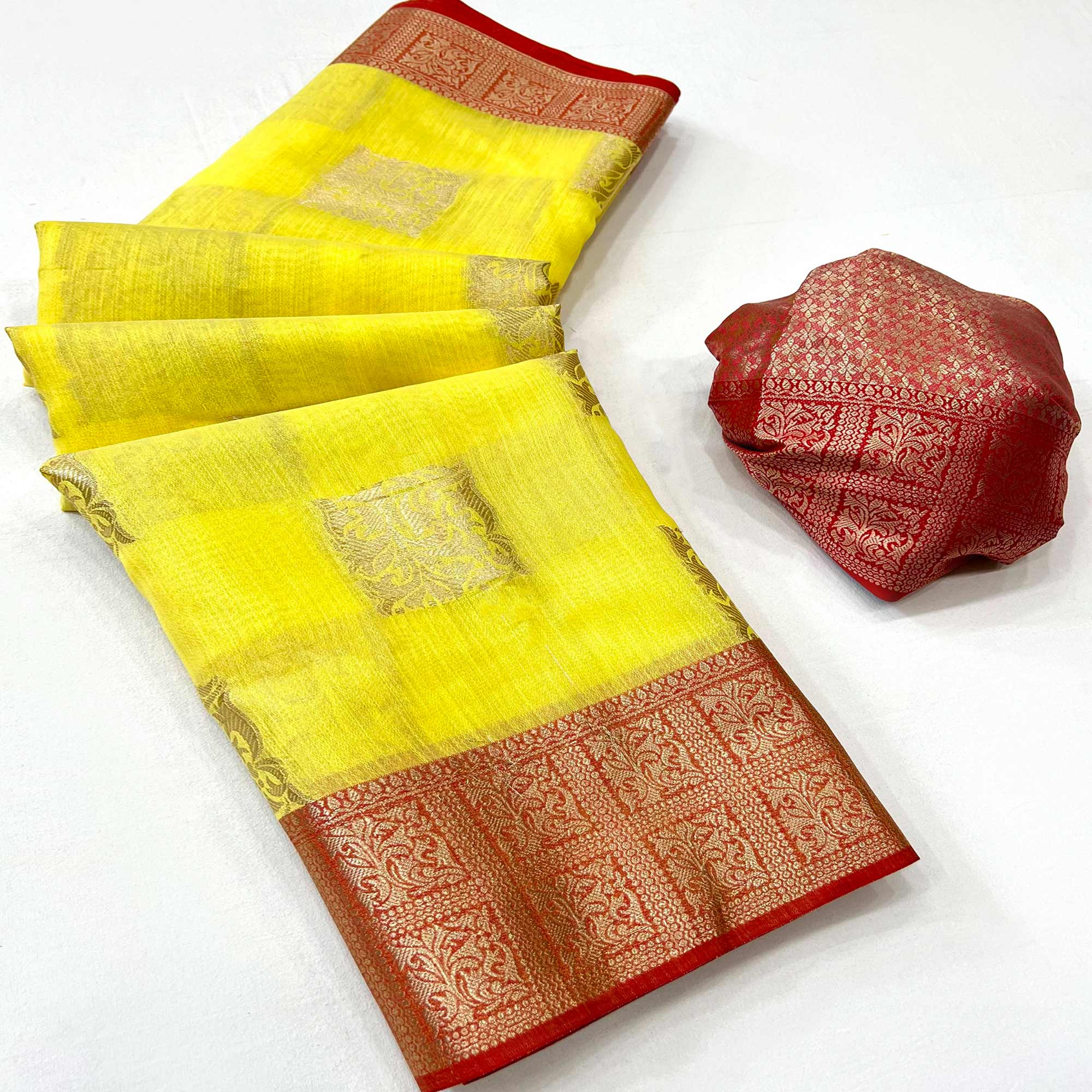 Yellow Woven Linen Saree With Tassels