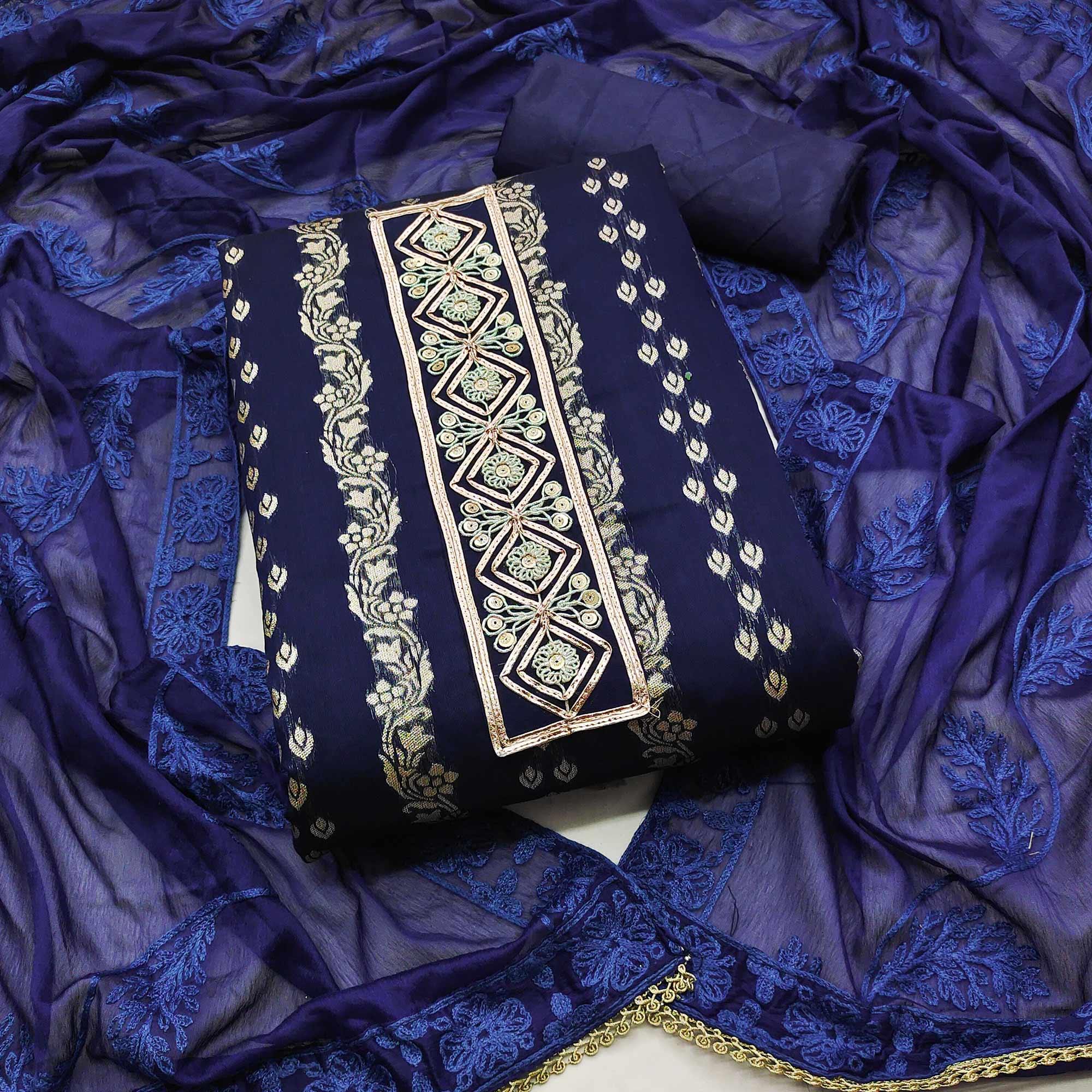 Navy Blue Woven Banarasi Silk Dress Material