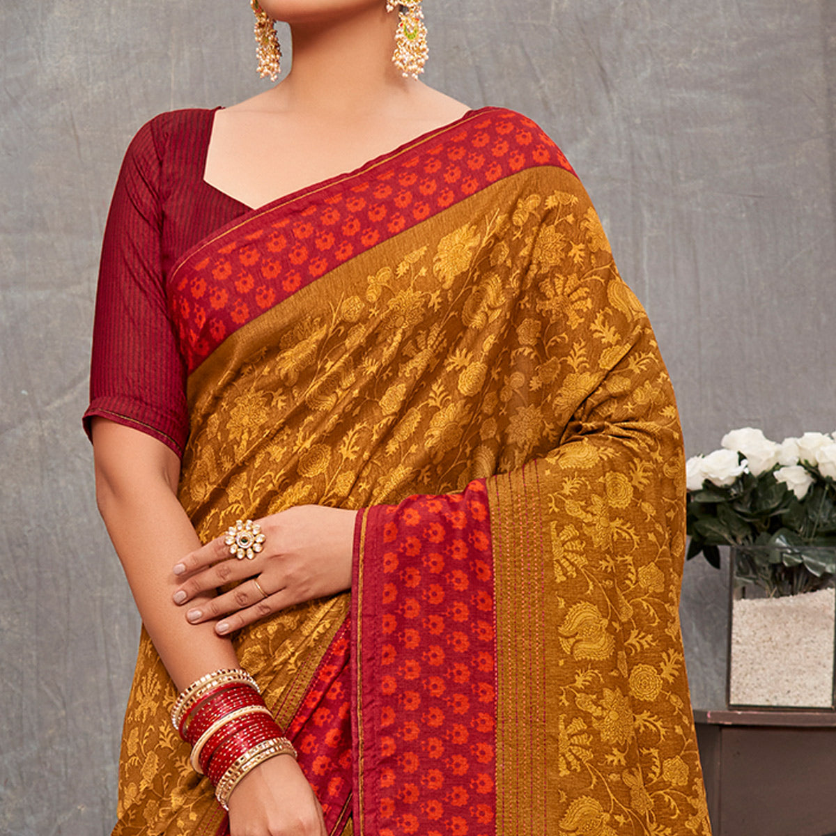 Mustard Floral Printed Tussar Silk Saree