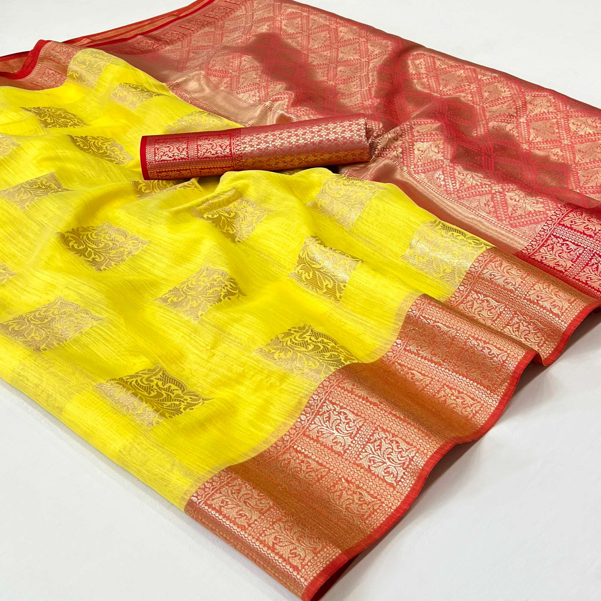 Yellow Woven Linen Saree With Tassels