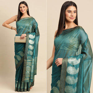 Petrol Blue Woven Organza Saree