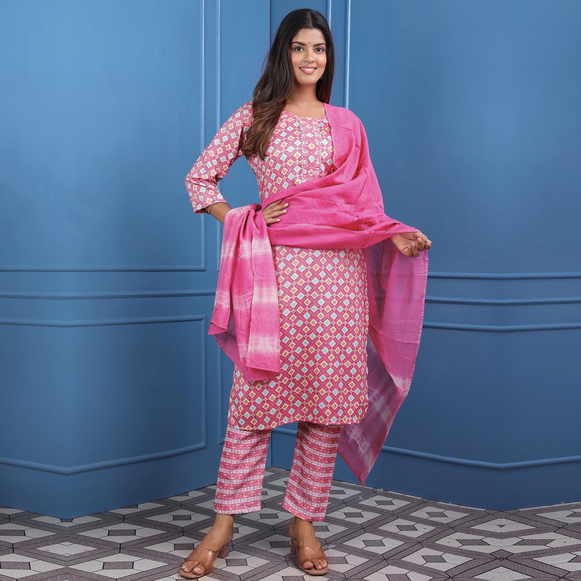 Pink Foil Printed Rayon Suit