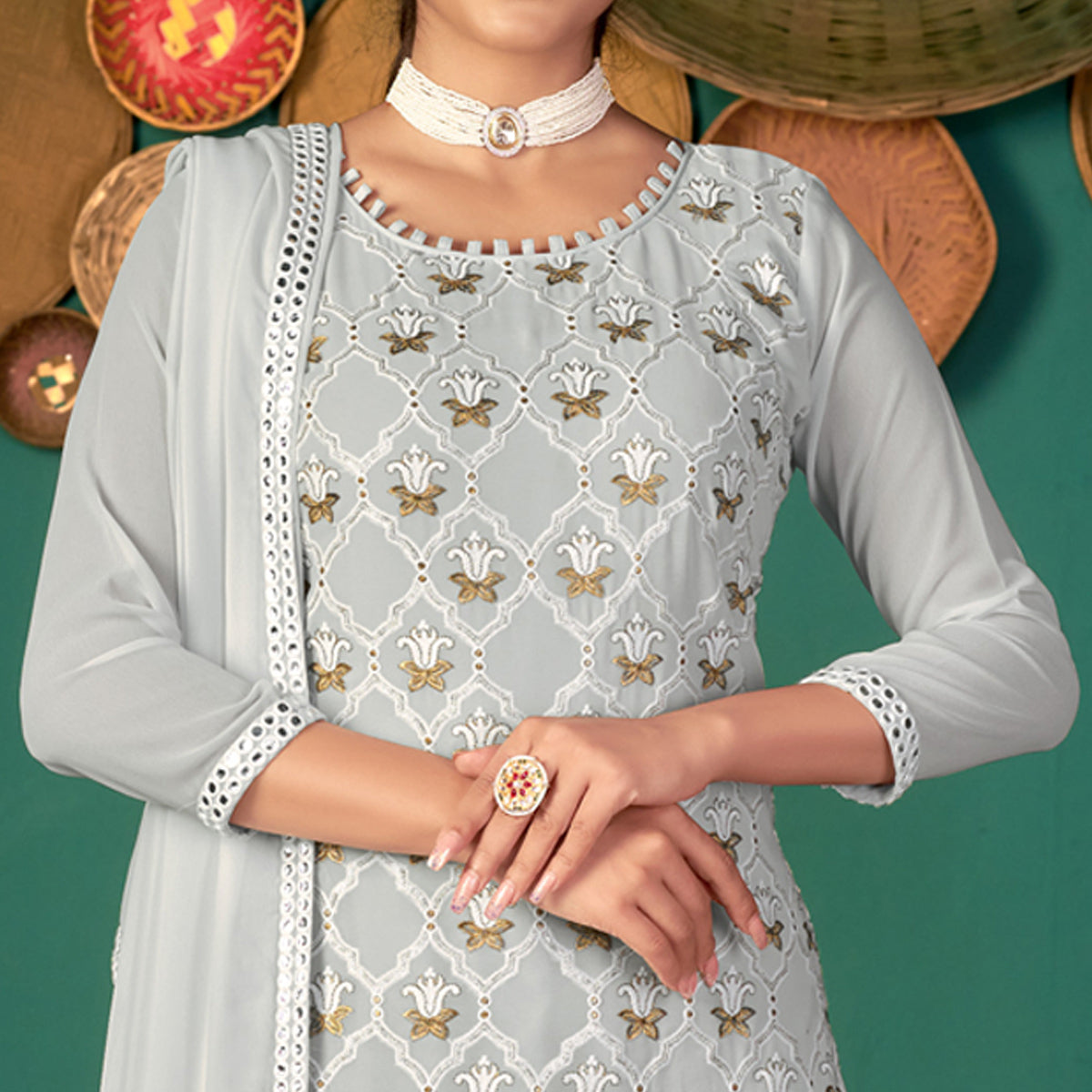 Grey Floral Embroidered Georgette Suit