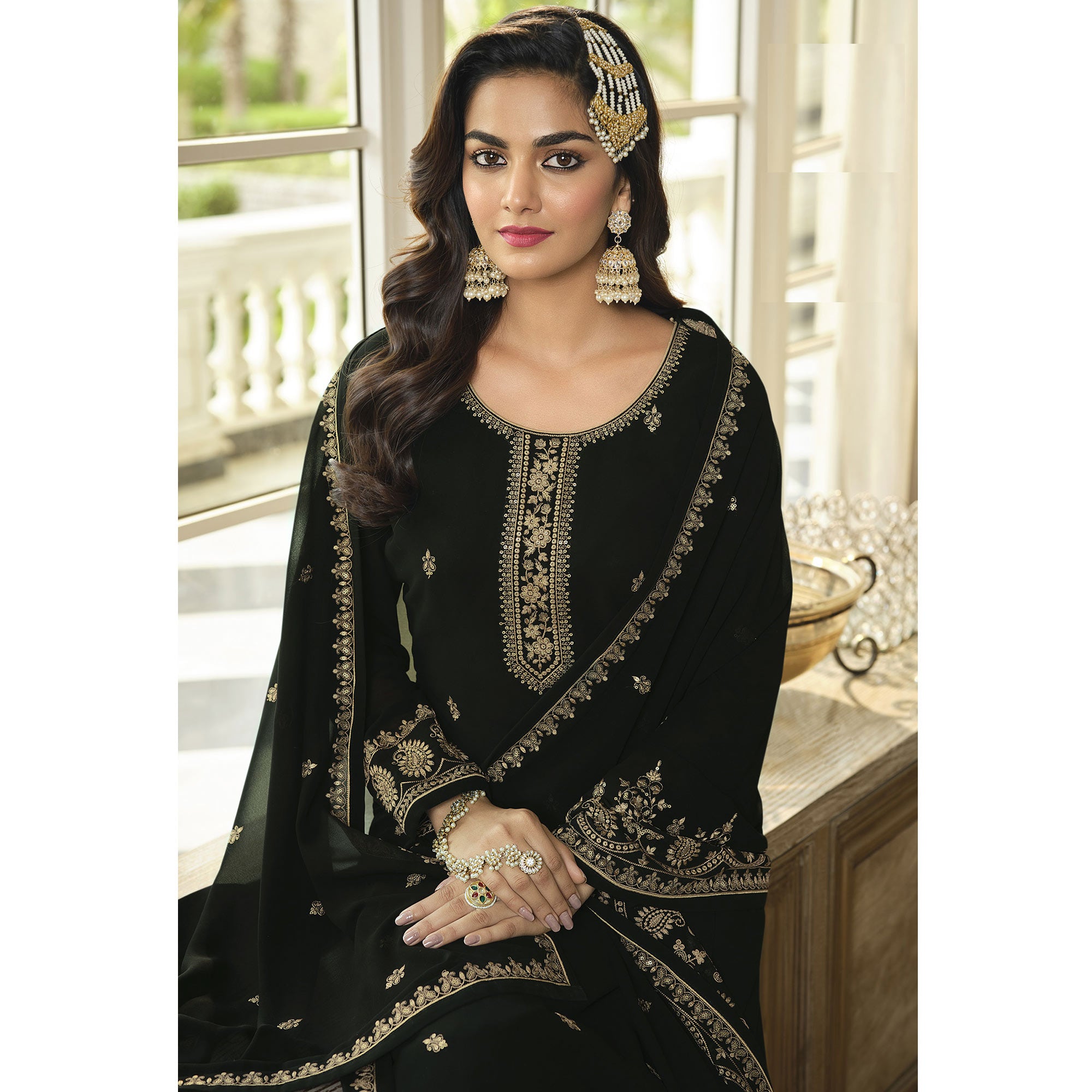 Black Floral Embroidered Georgette Sharara Suit