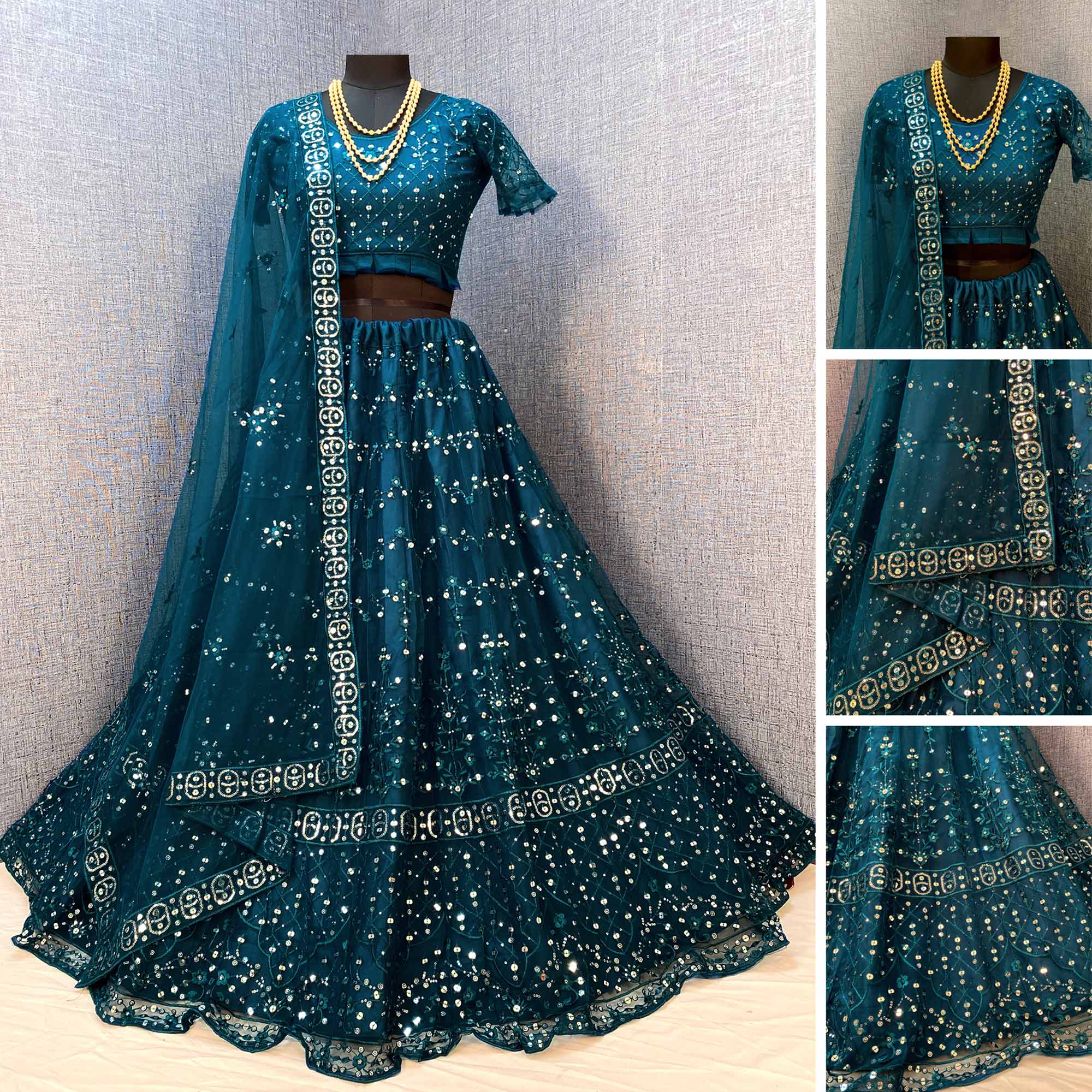 Teal Blue Sequins Embroidered Netted Lehenga Choli