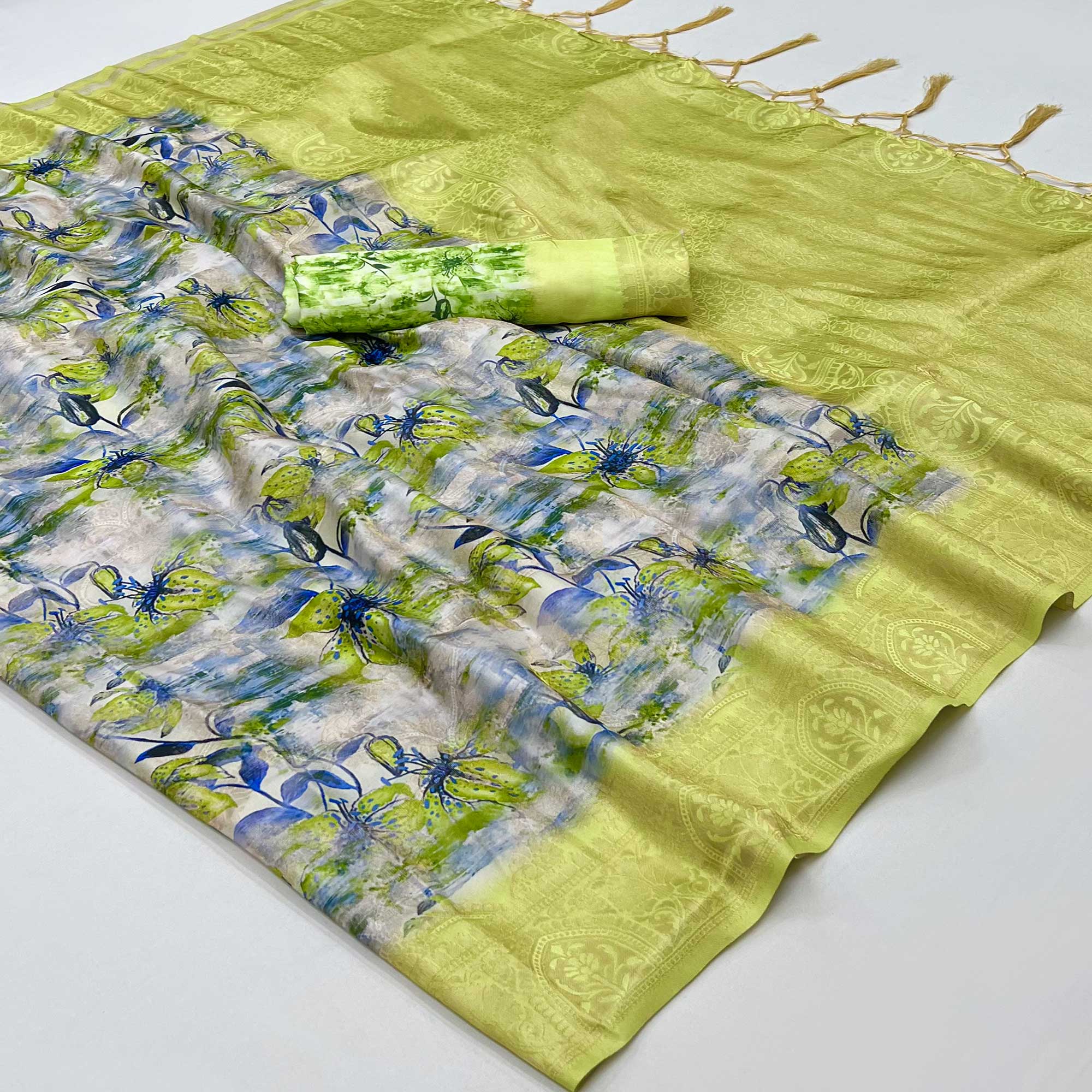 Blue & Green Floral Digital Printed Jacquard Saree