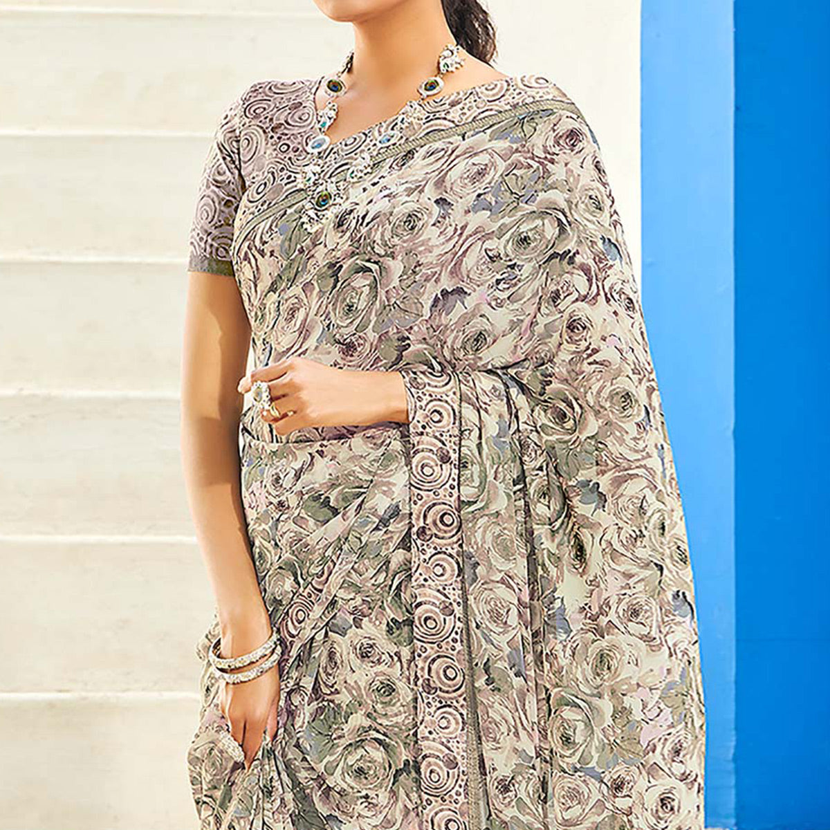 Multicolored Floral Printed Georgette Saree