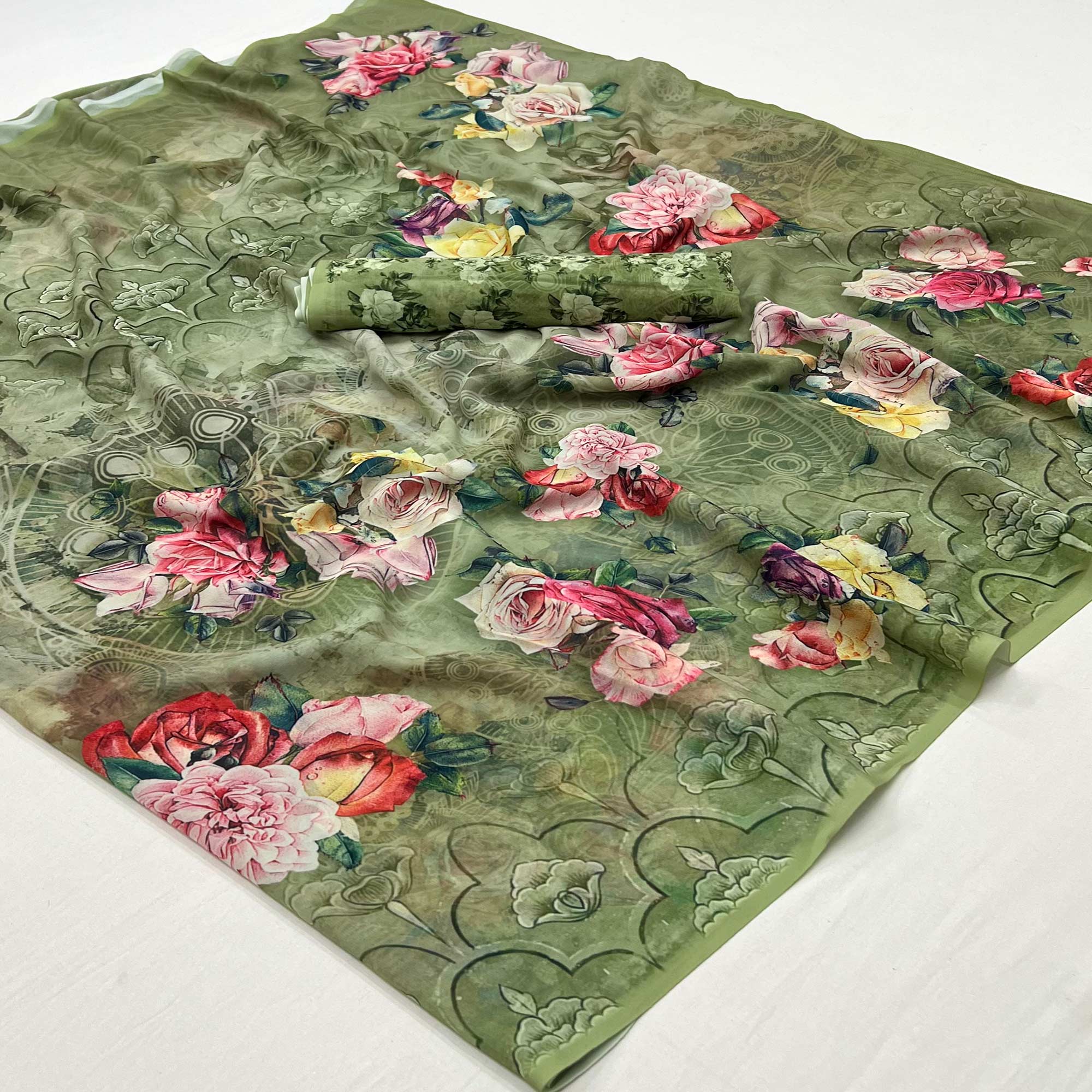 Green Digital Floral Printed Georgette Saree