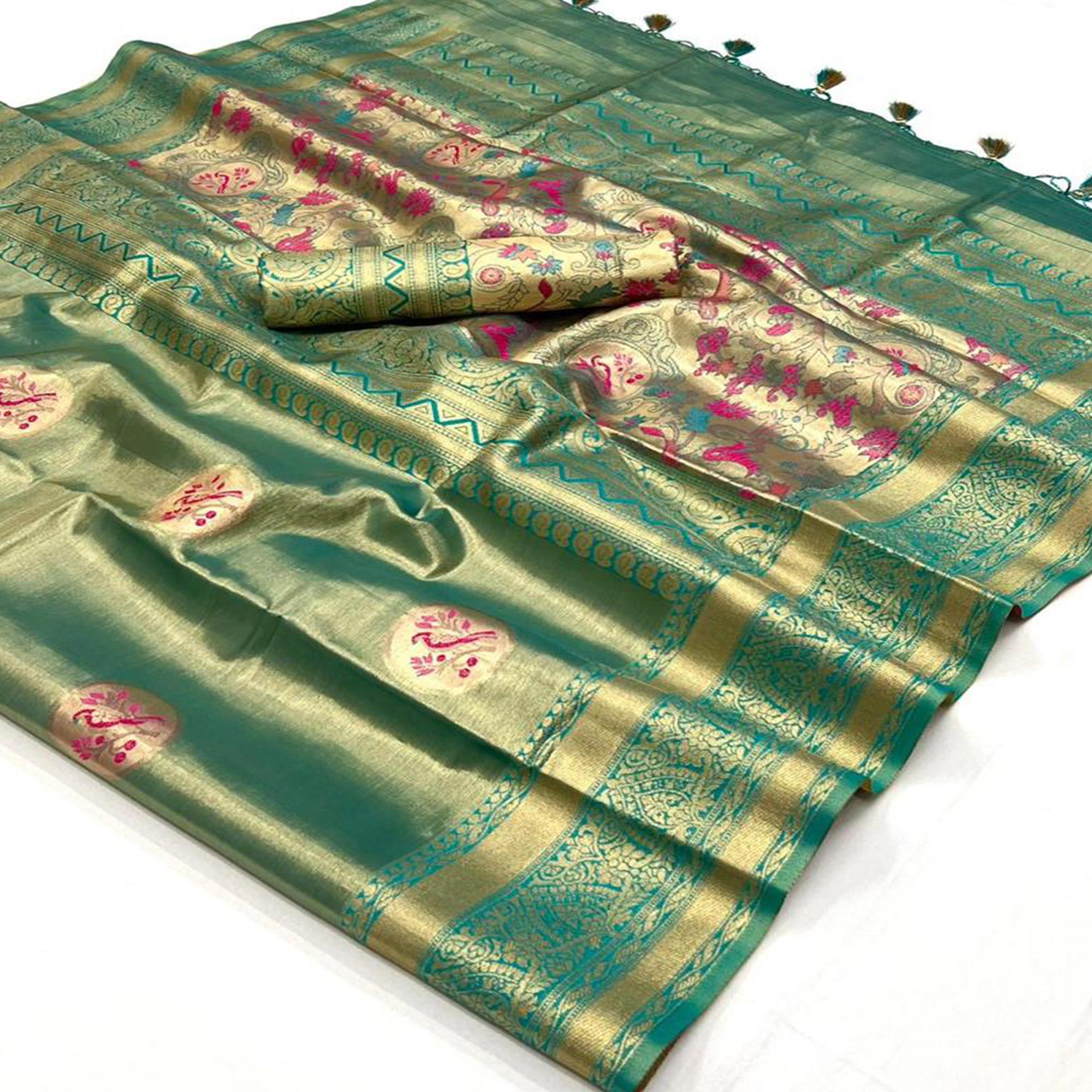 Sea Green Woven Art Silk Saree With Tassels