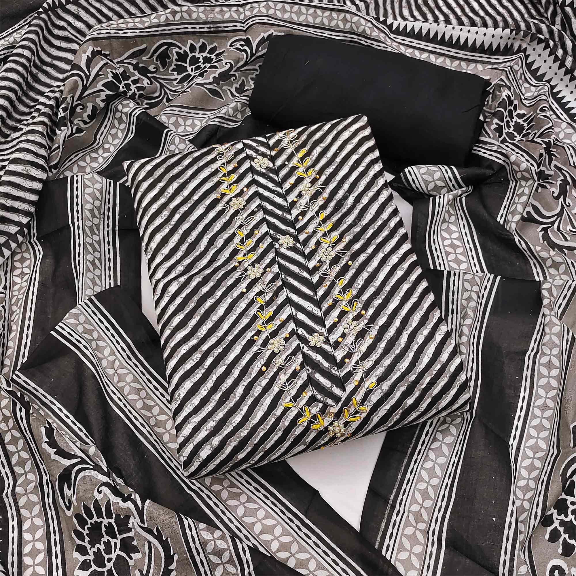 Black Striped Printed Pure Cotton Dress Material