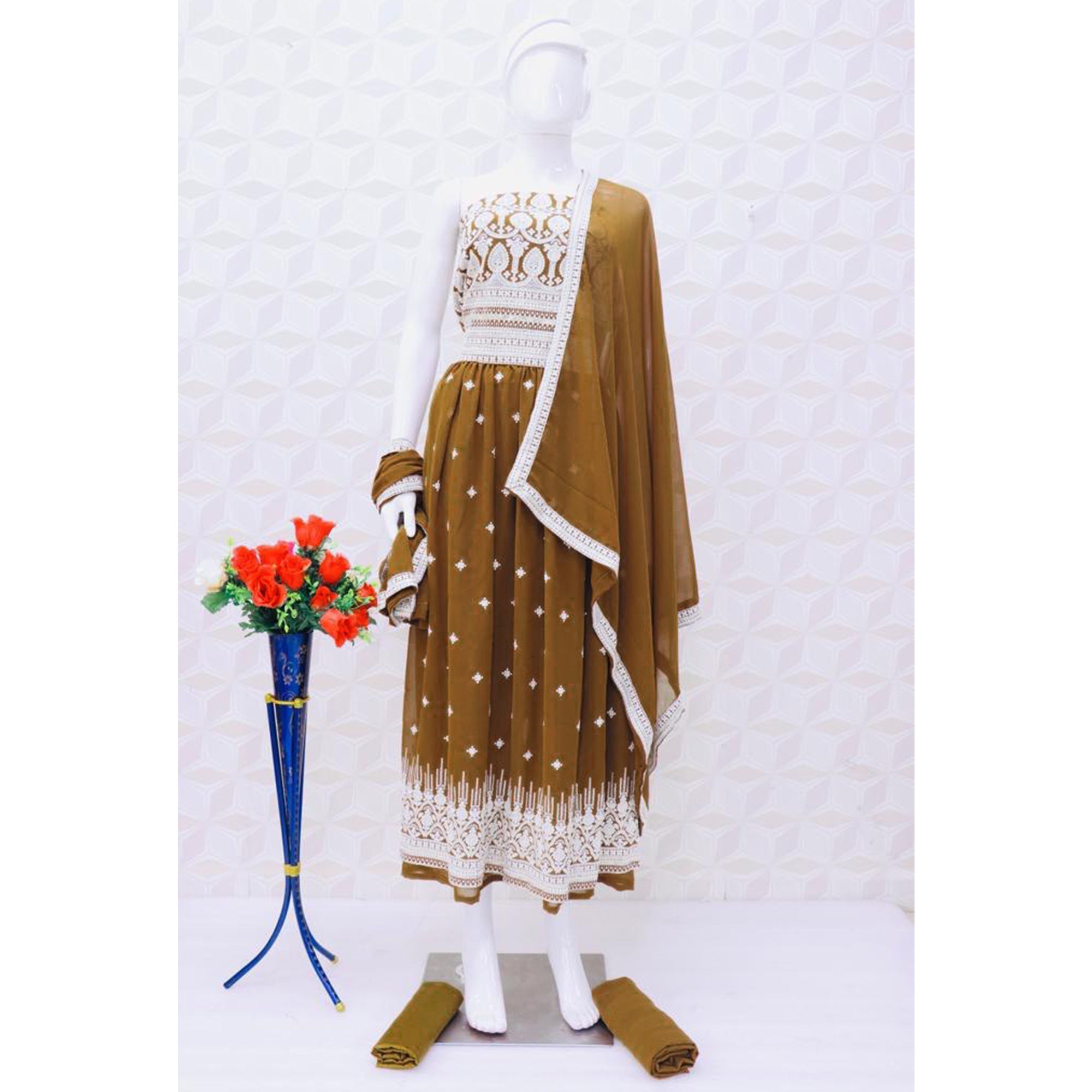 Brown Embroidered Georgette Naira Cut Semi Stitched Palazzo Suit