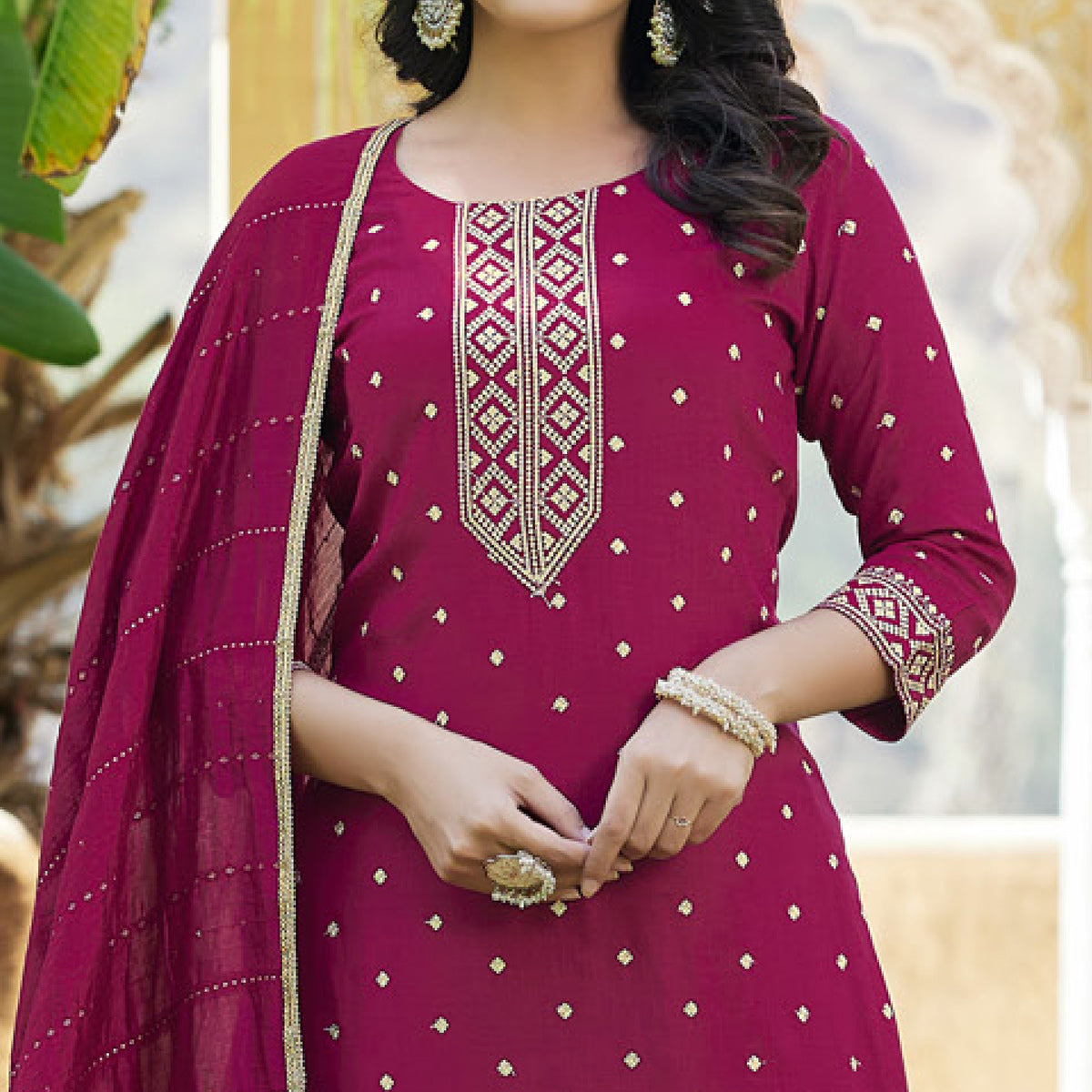 Magenta Maroon Embroidered Cotton Salwar Suit