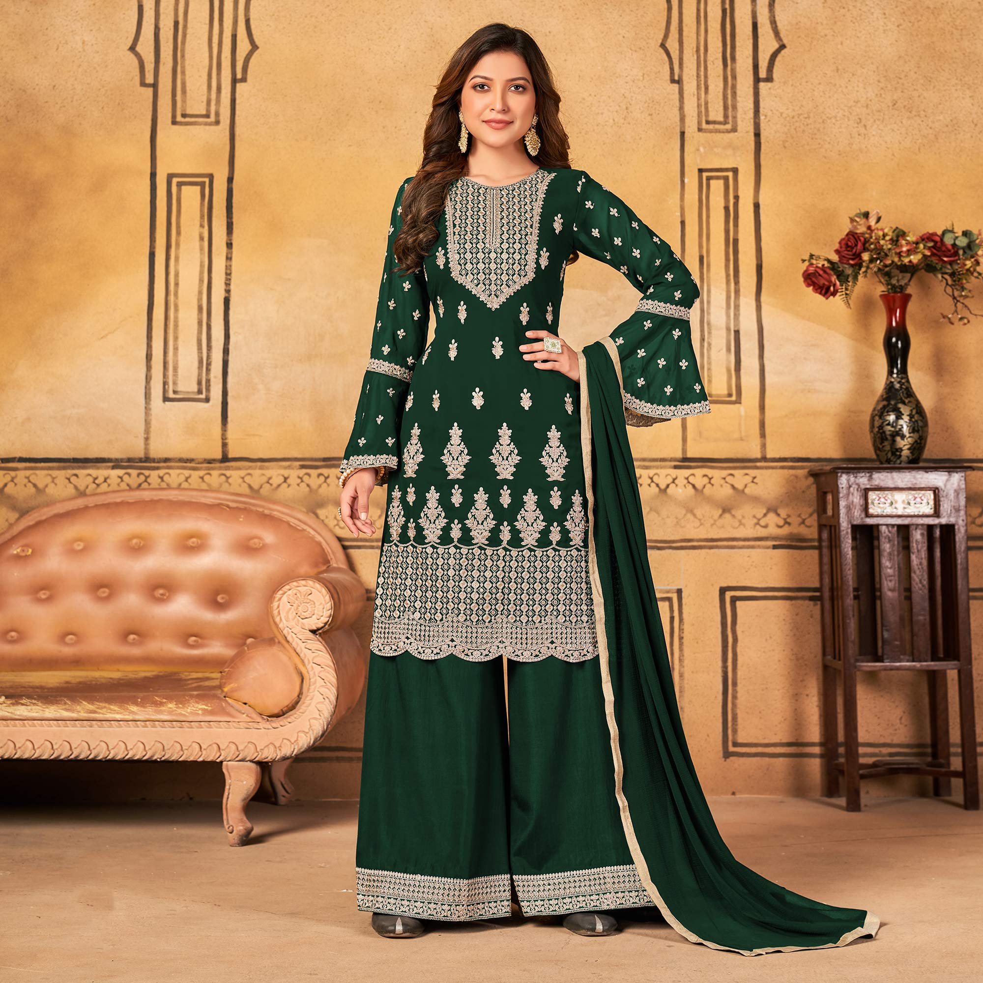 Green Floral Embroidered Georgette Palazzo Suit