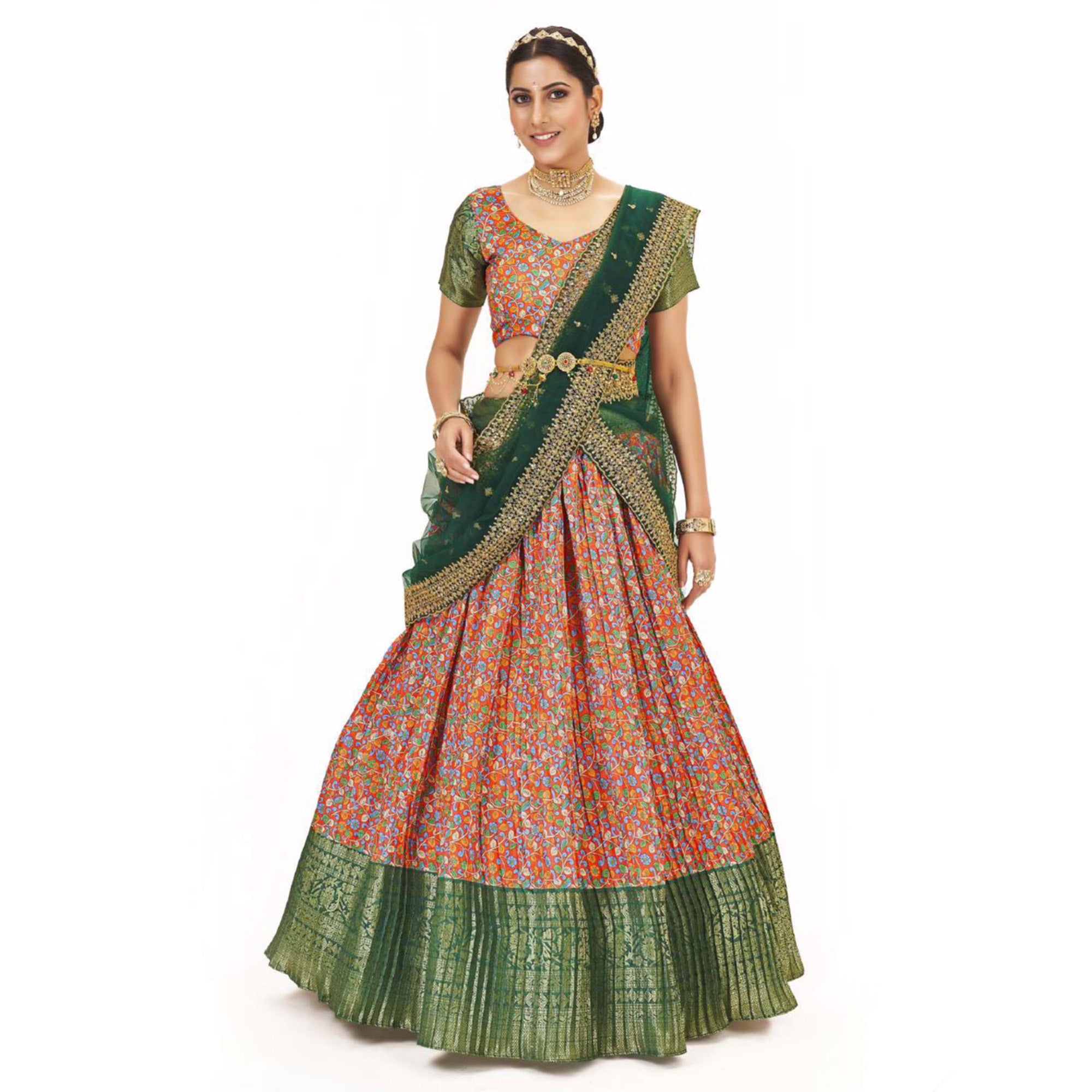 Orange Digital Printed With Zari Work Art Silk Lehenga Choli