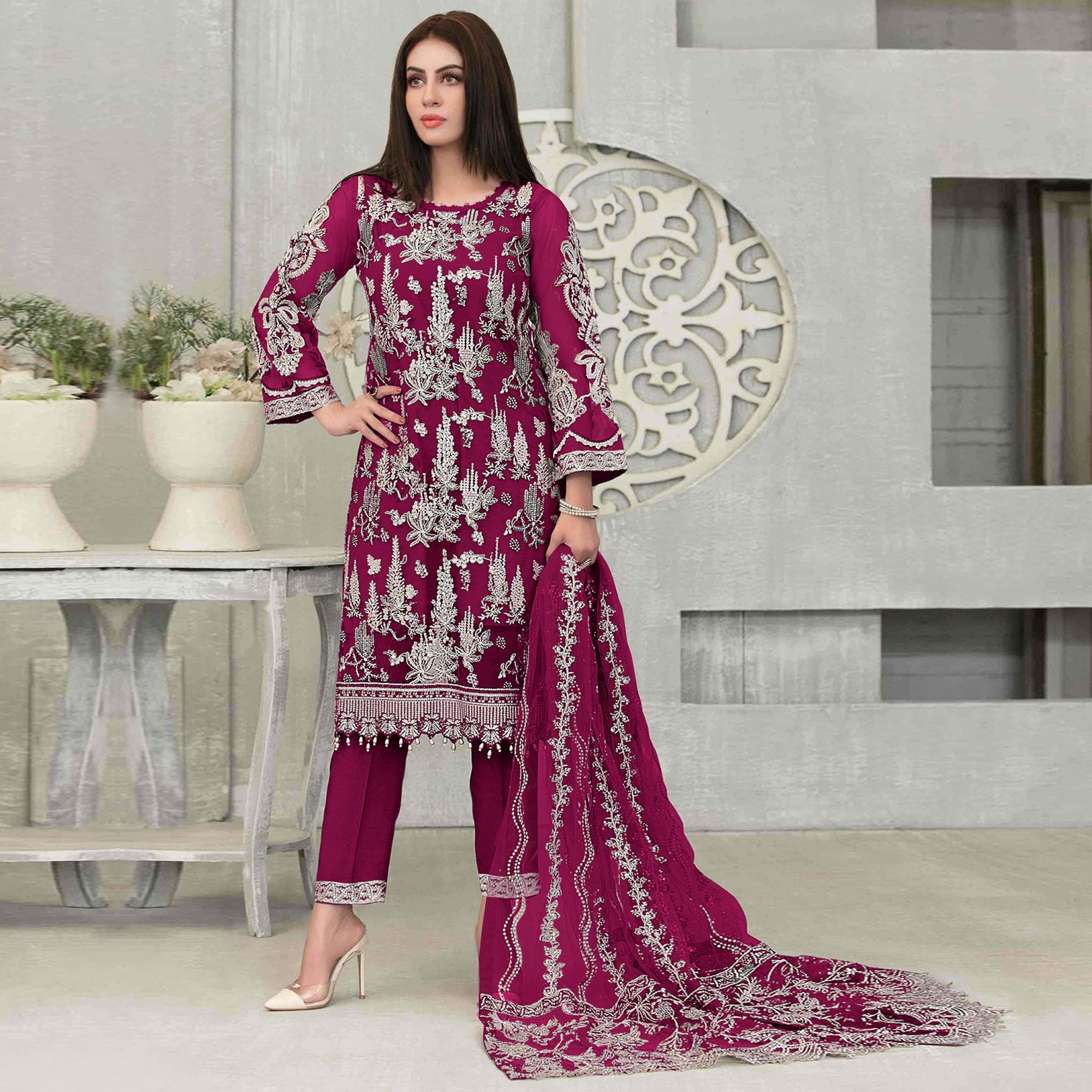 Pink Floral Embroidered Georgette Pakistani Suit