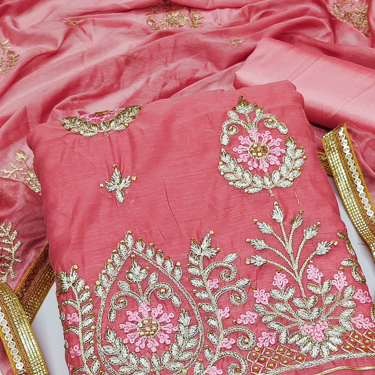 Pink Floral Embroidered Modal Dress Material