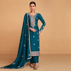 Rama Blue Embroidered Art Silk Palazzo Suit