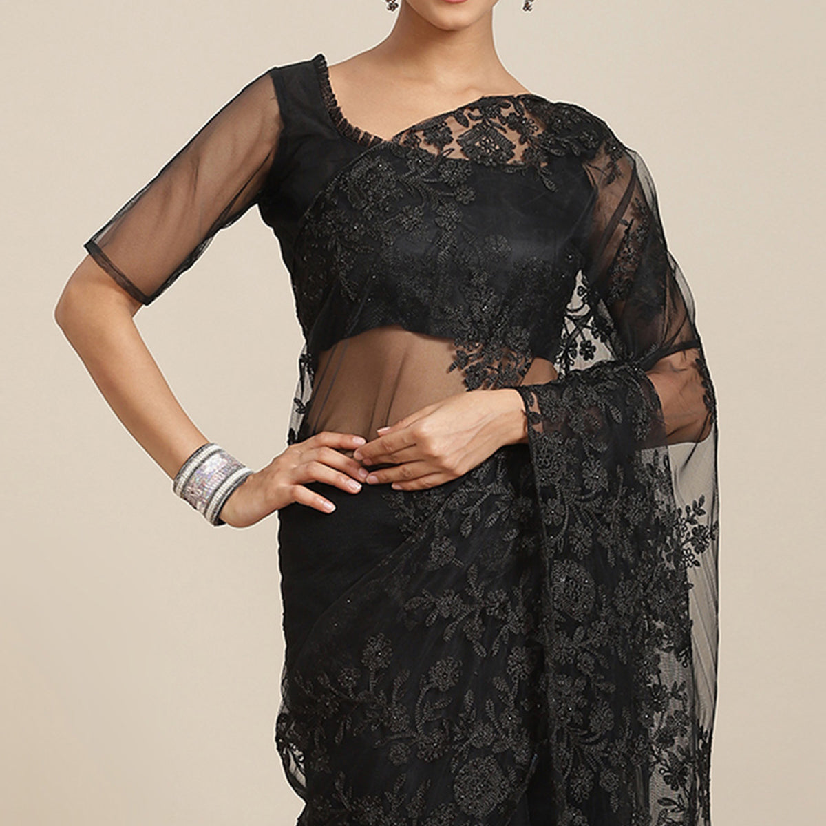 Black Floral Embroidered Net Saree