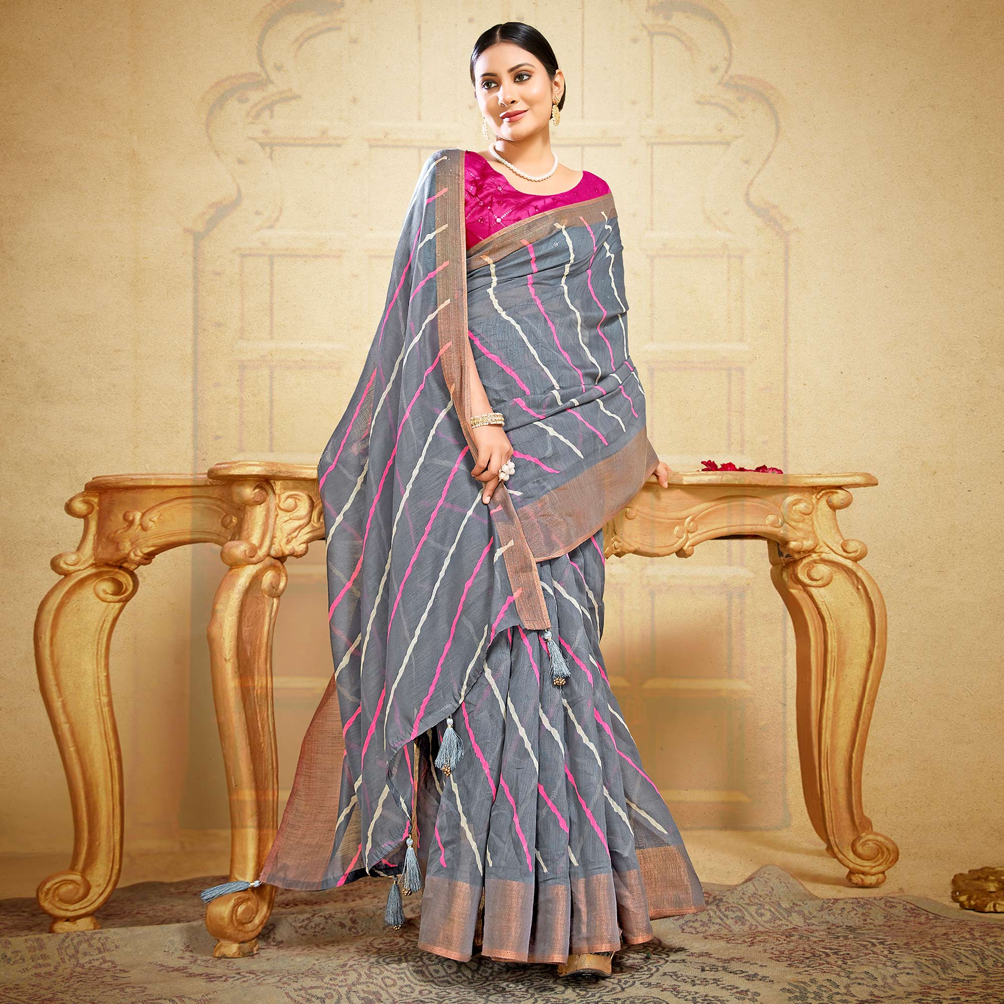 Grey Leheriya Printed Linen Saree