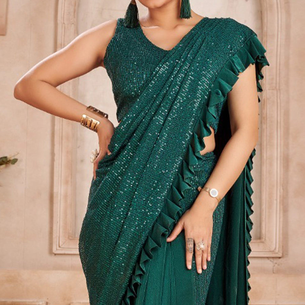 Green Sequins Embroidered Ready to Wear Lycra And Netted Saree