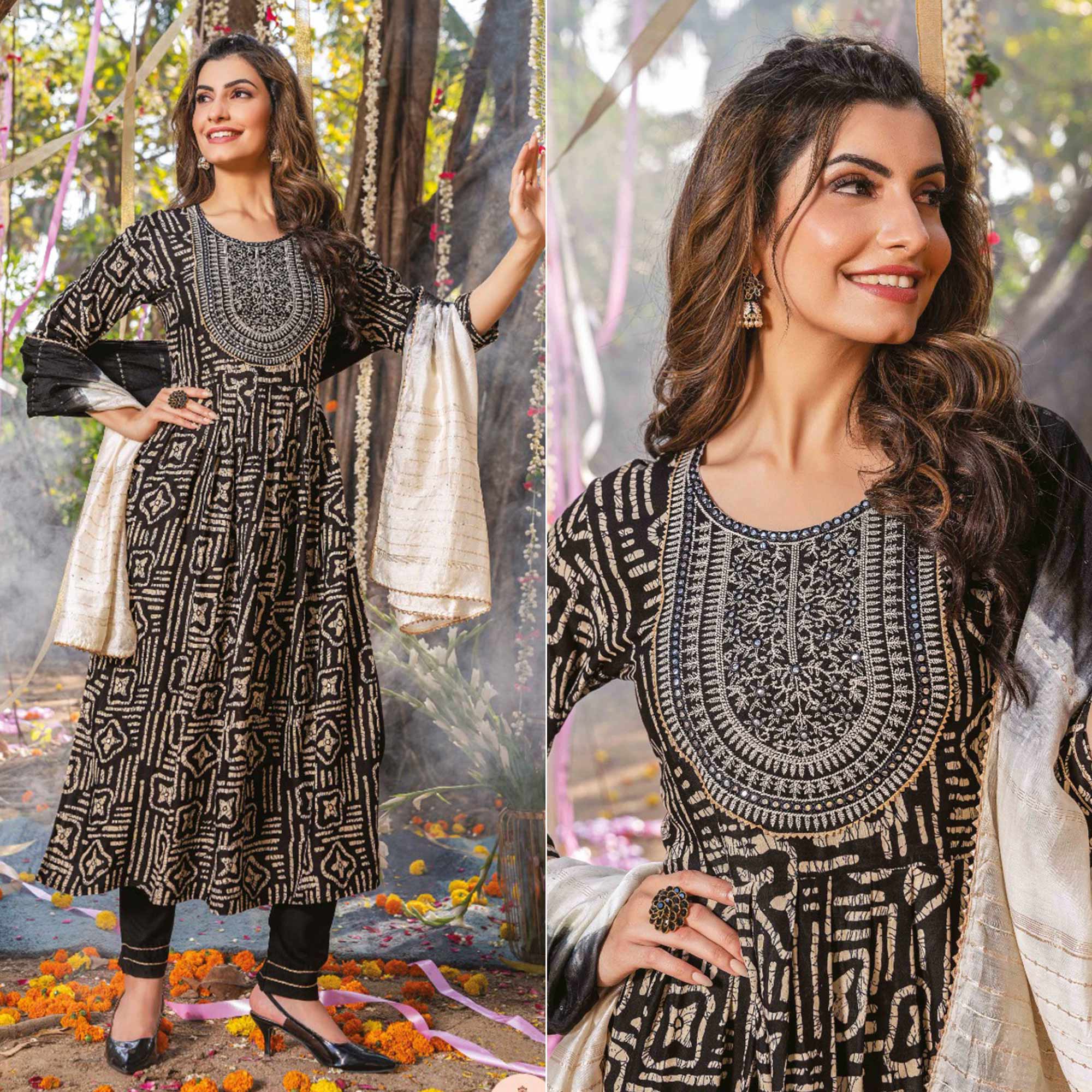 Black Printed Rayon Naira Cut Suit