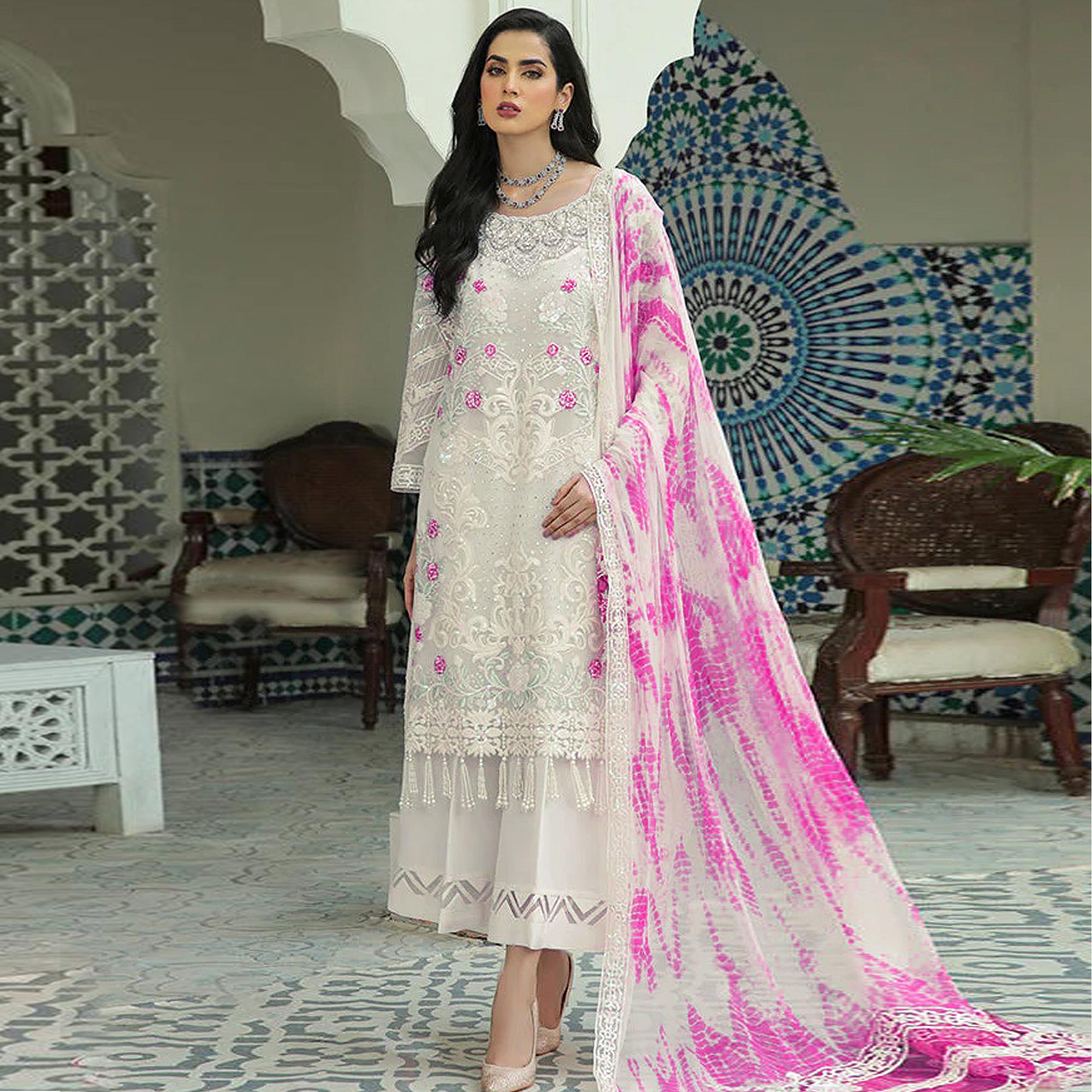 White Sequins Embroidered Georgette Pakistani Suit