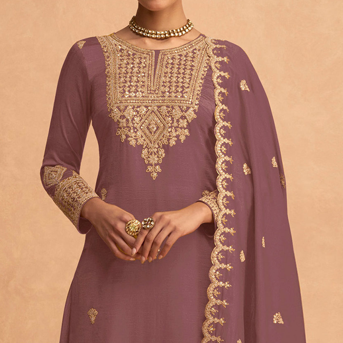 Mauve Sequins Embroidered Georgette Palazzo Suit