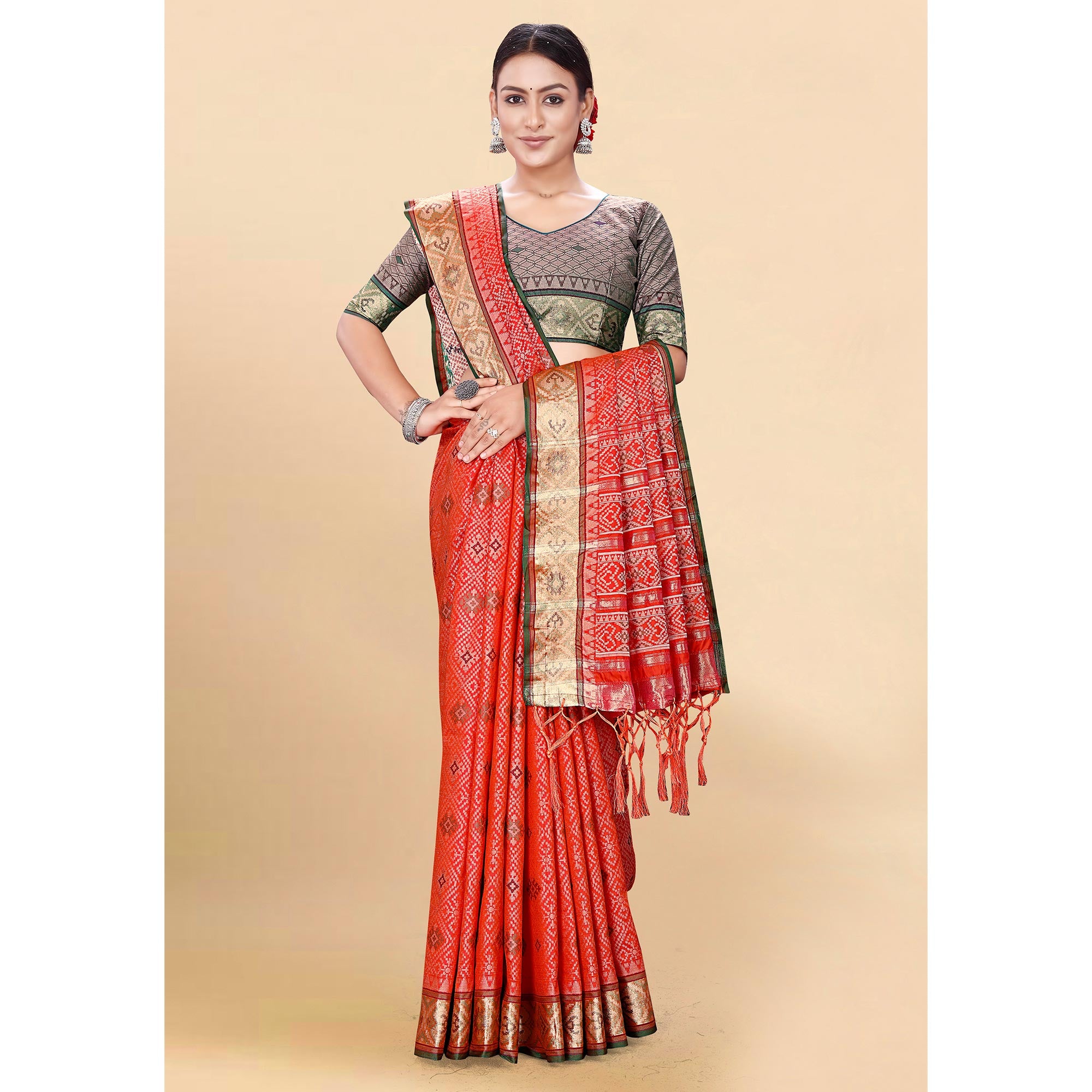 Red Woven Patola Art Silk Saree With Tassels