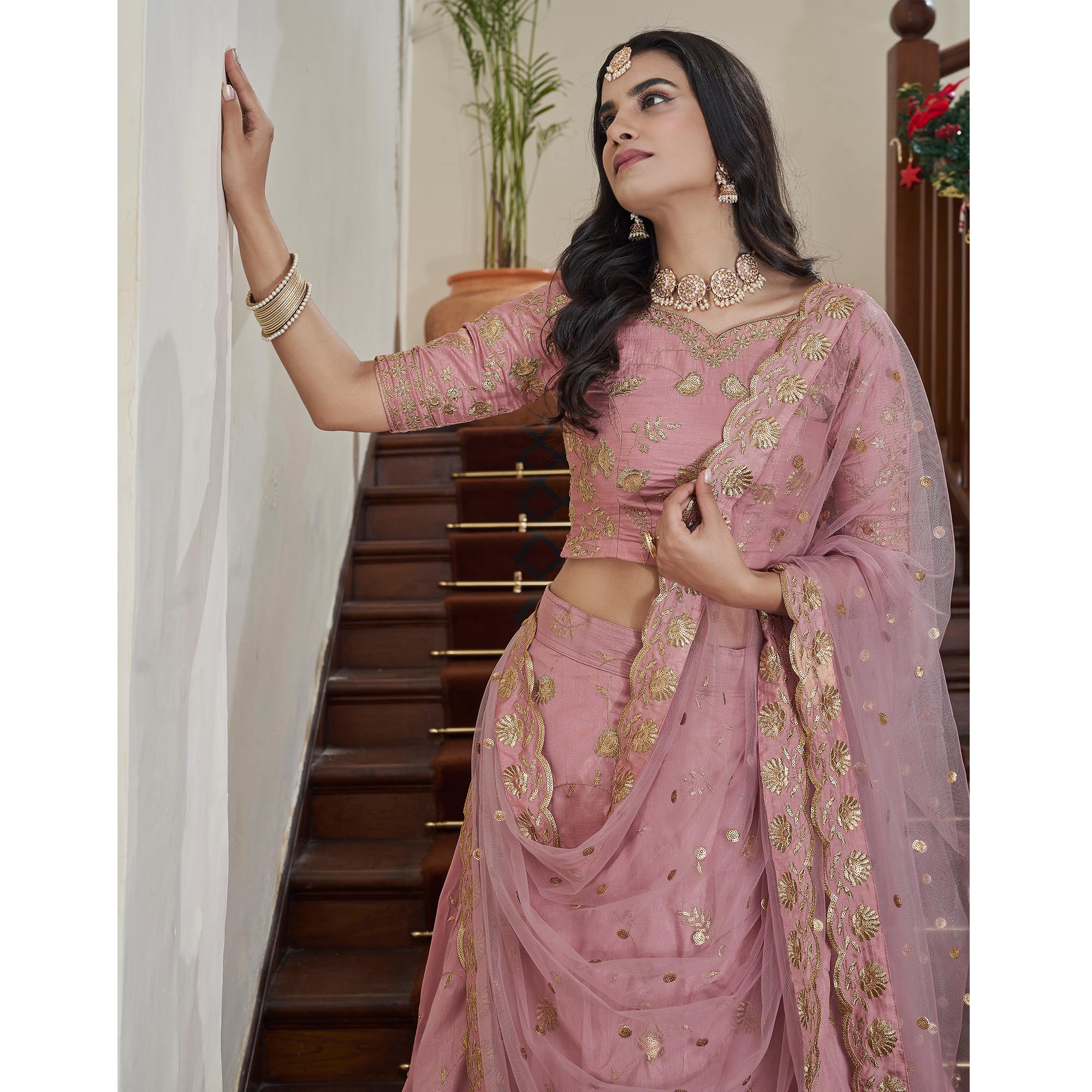 Peach Sequins Embroidered Art Silk Lehenga Choli