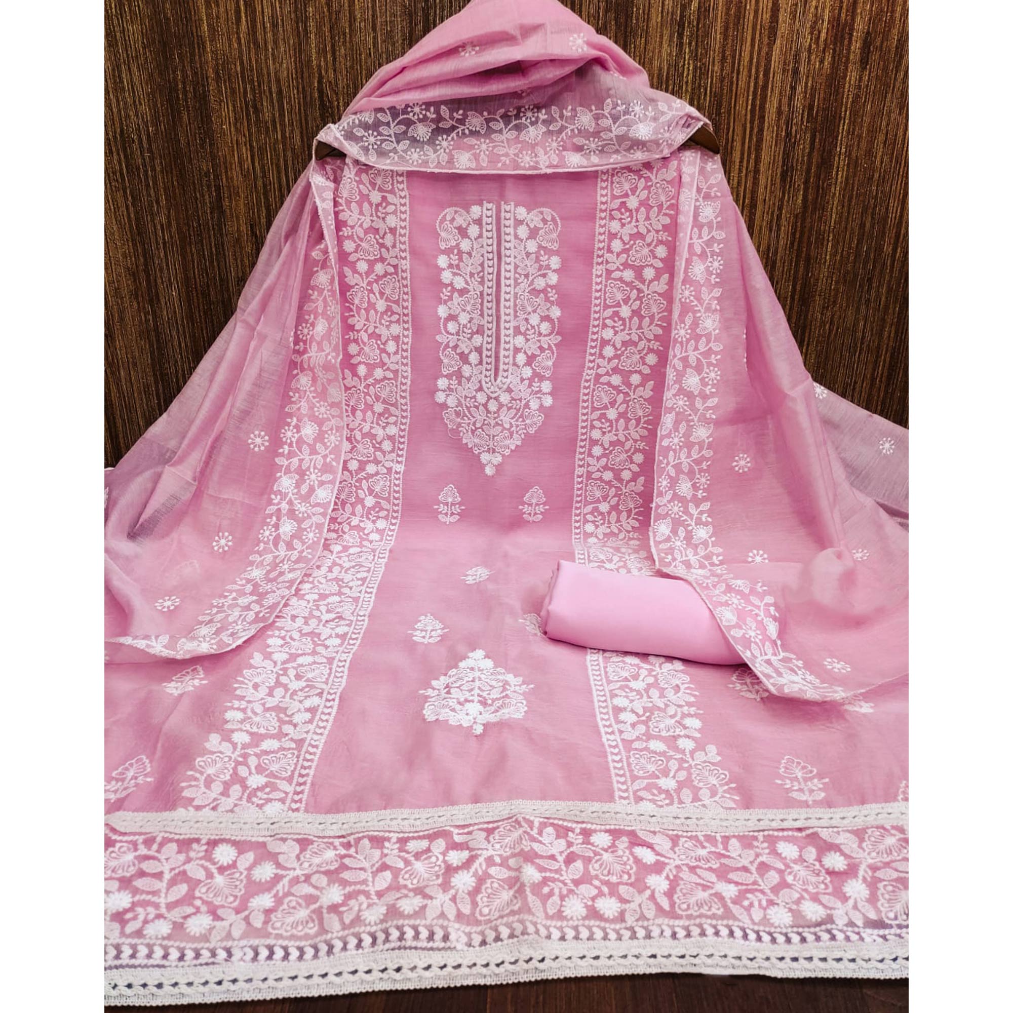 Pink Floral Embroidered Chanderi Dress Material