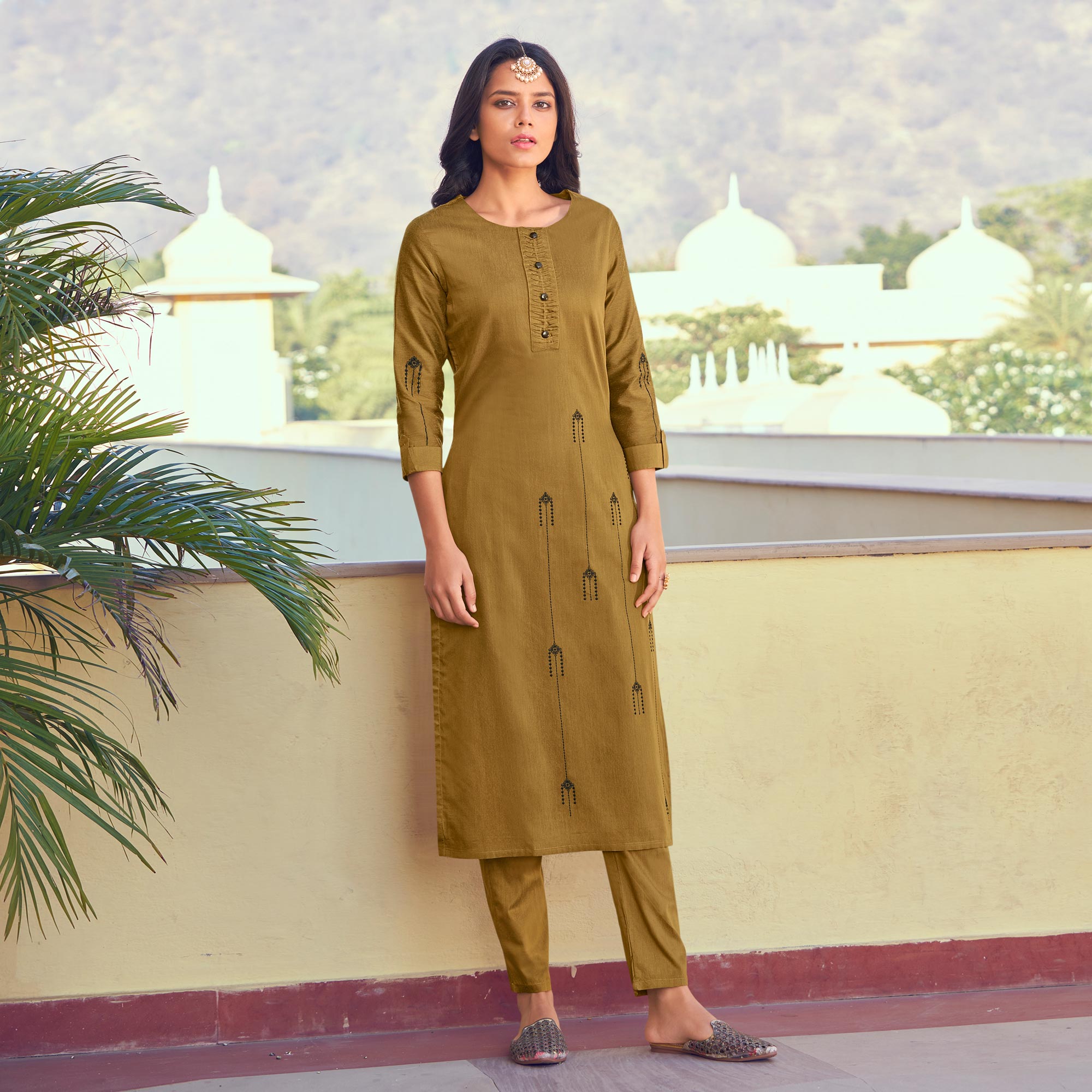 Brown Embroidered Art Silk Kurti Pant Set