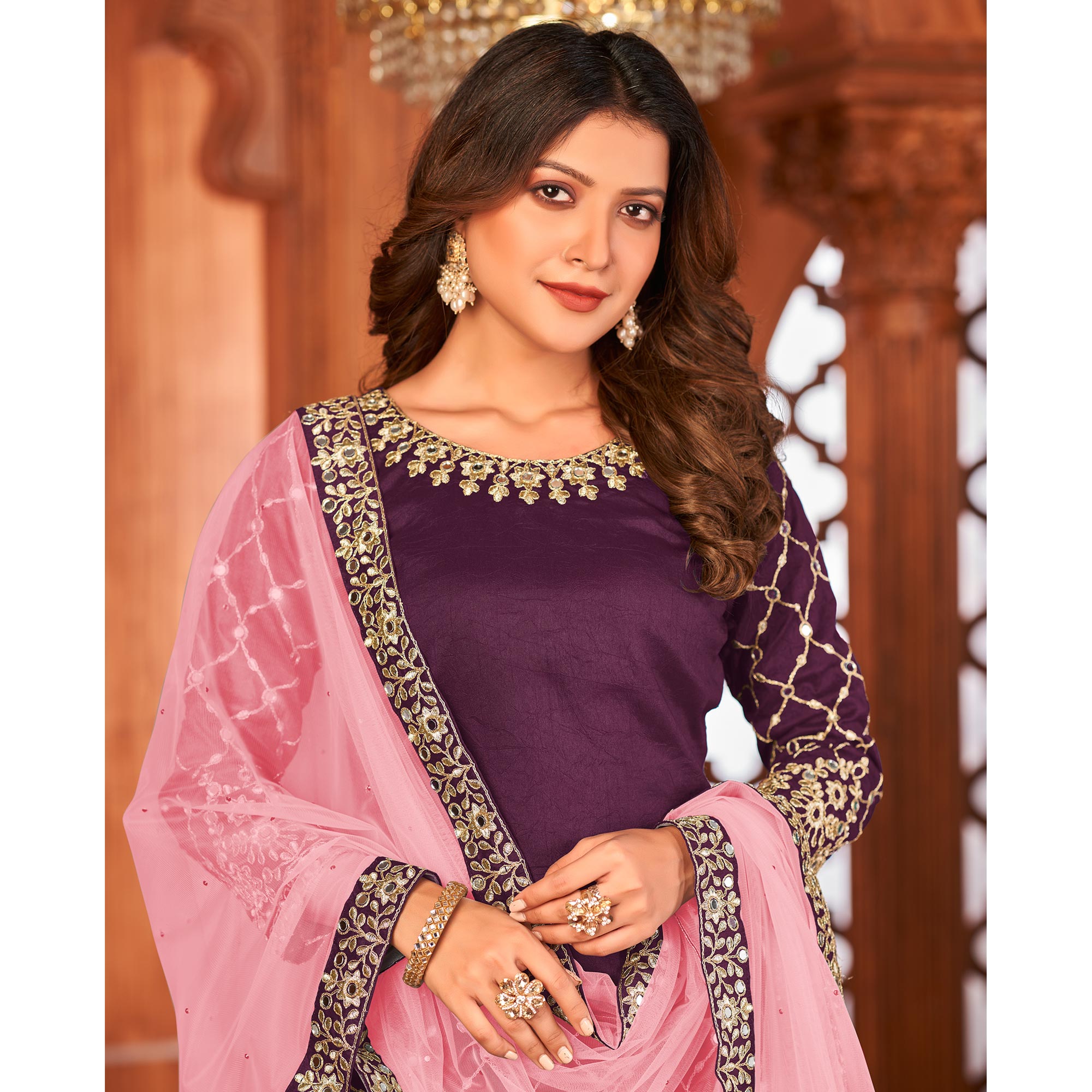 Purple Embroidered Art Silk Patiala Suit