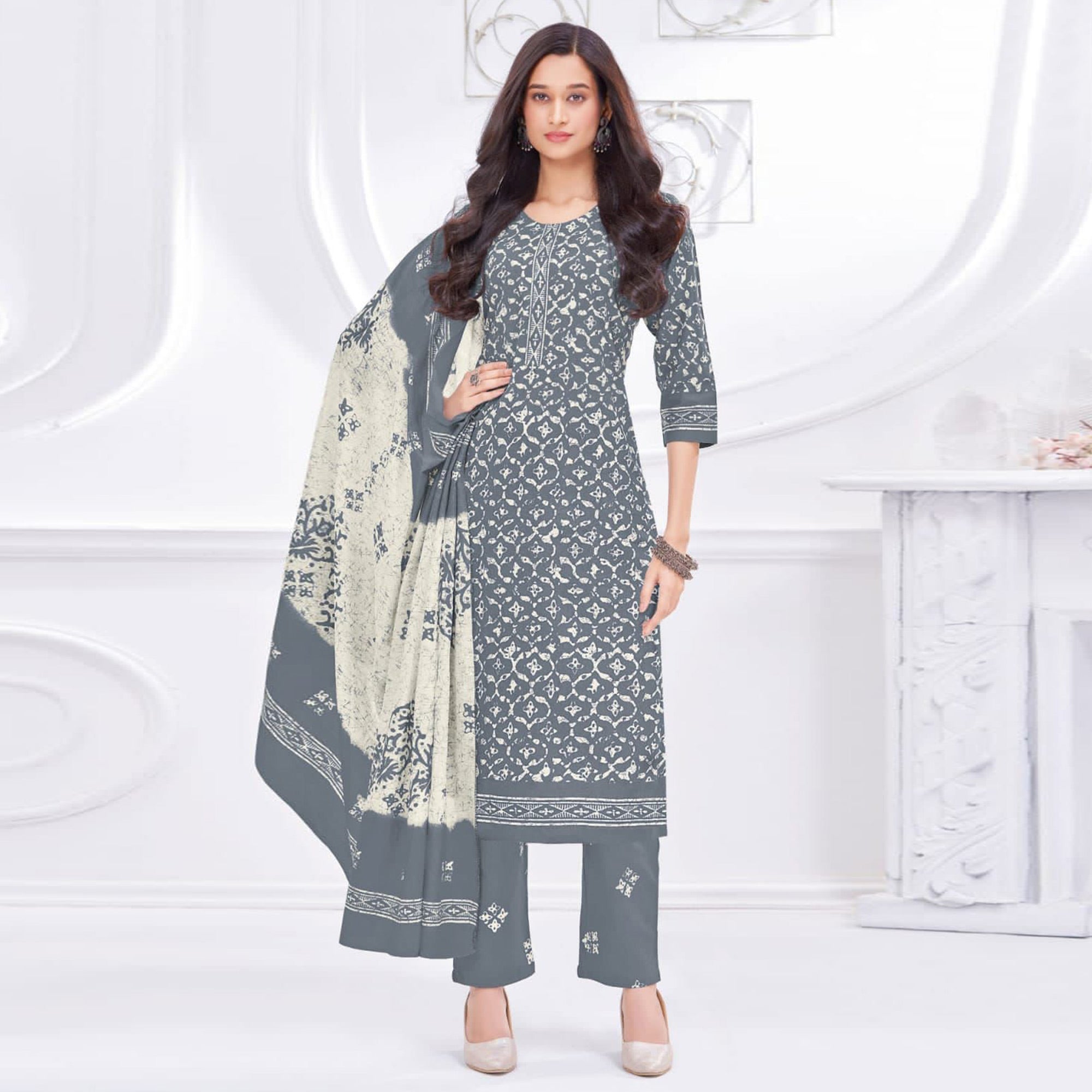 Grey Printed Cotton Suit