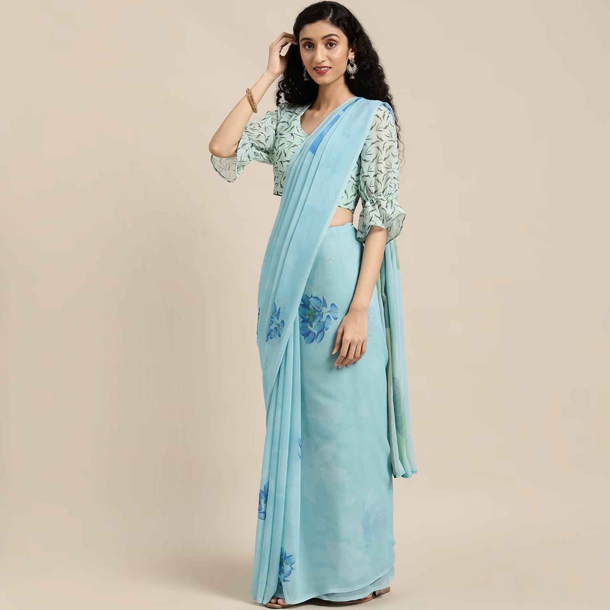 Sky Blue Floral Digital Printed Georgette Saree