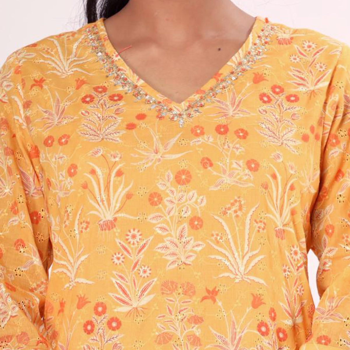 Yellow Floral Printed Pure Cotton Suit