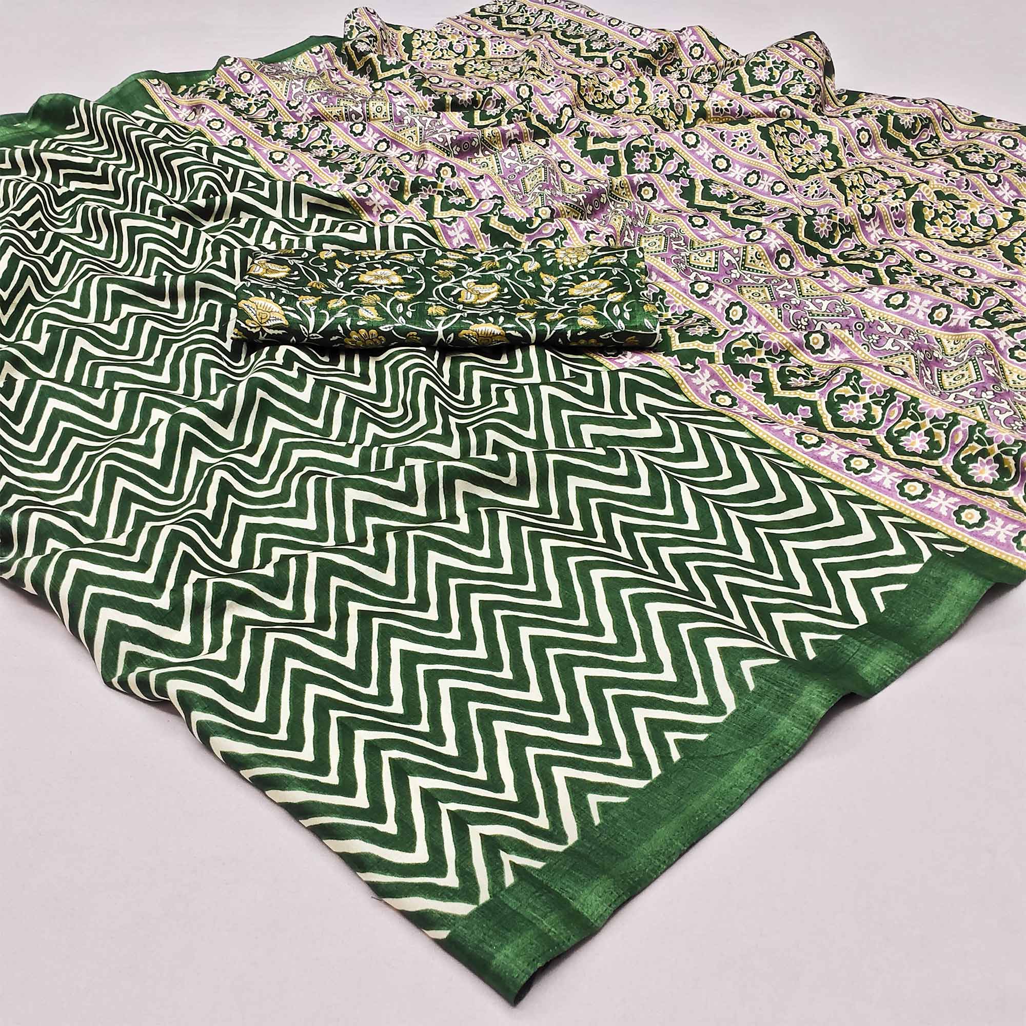 Green Striped Printed Art Silk Saree