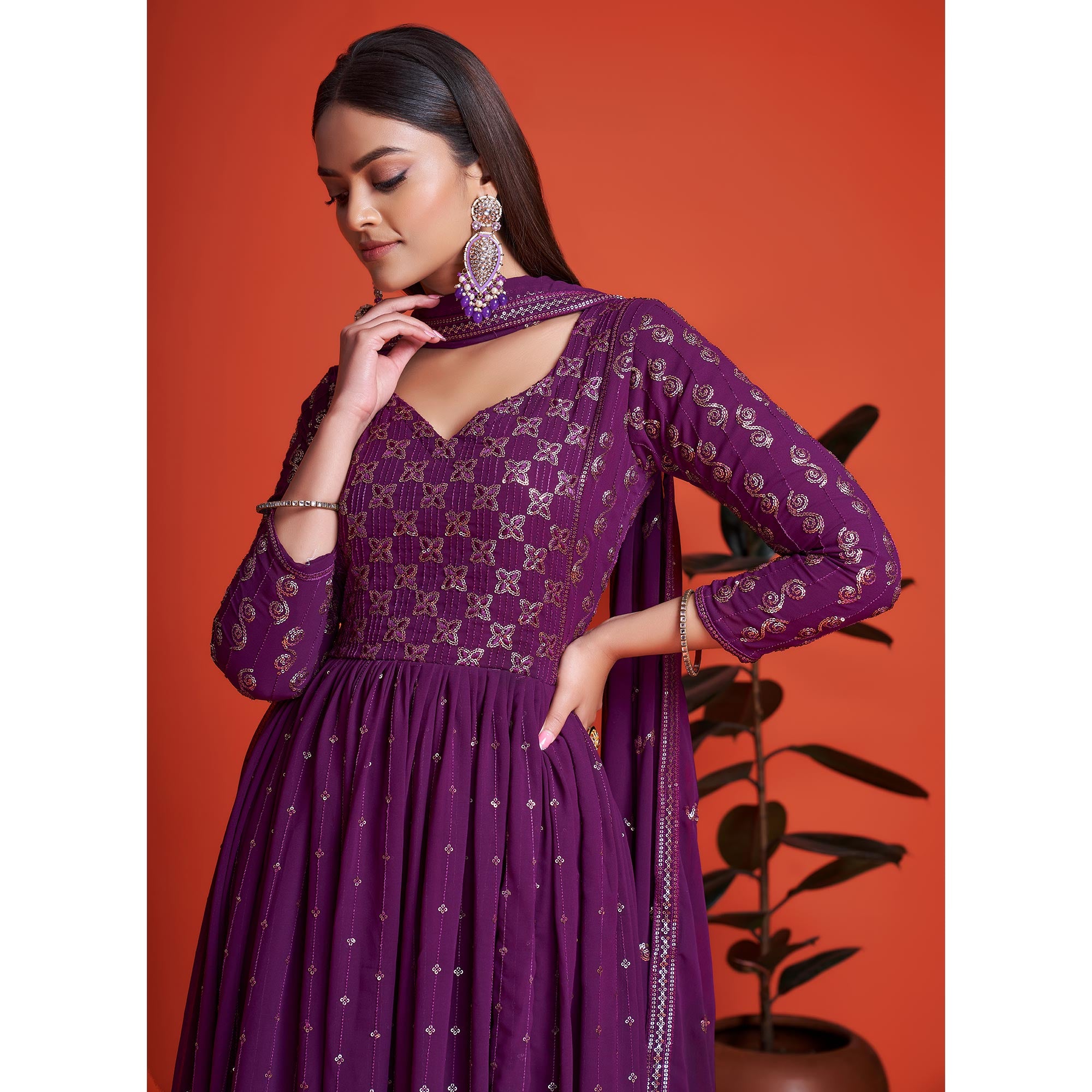 Purple Sequins Embroidered Georgette Gown With Dupatta