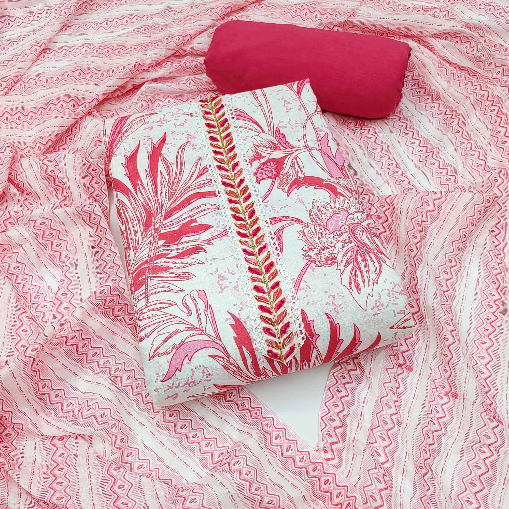 White & Pink Floral Printed Pure Cotton Dress Material
