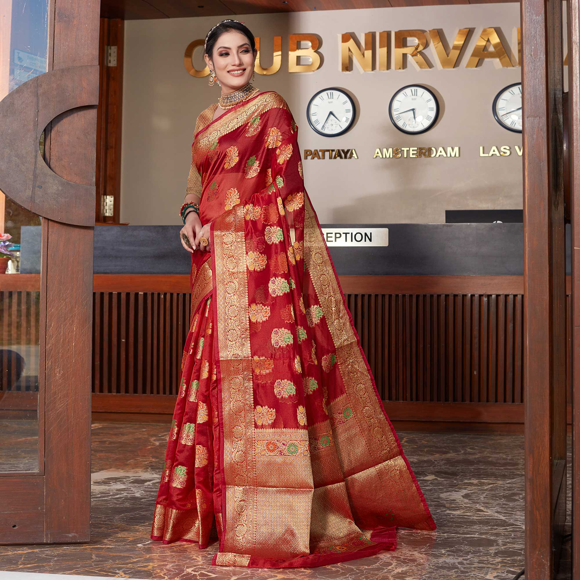 Red Floral Woven Organza Saree