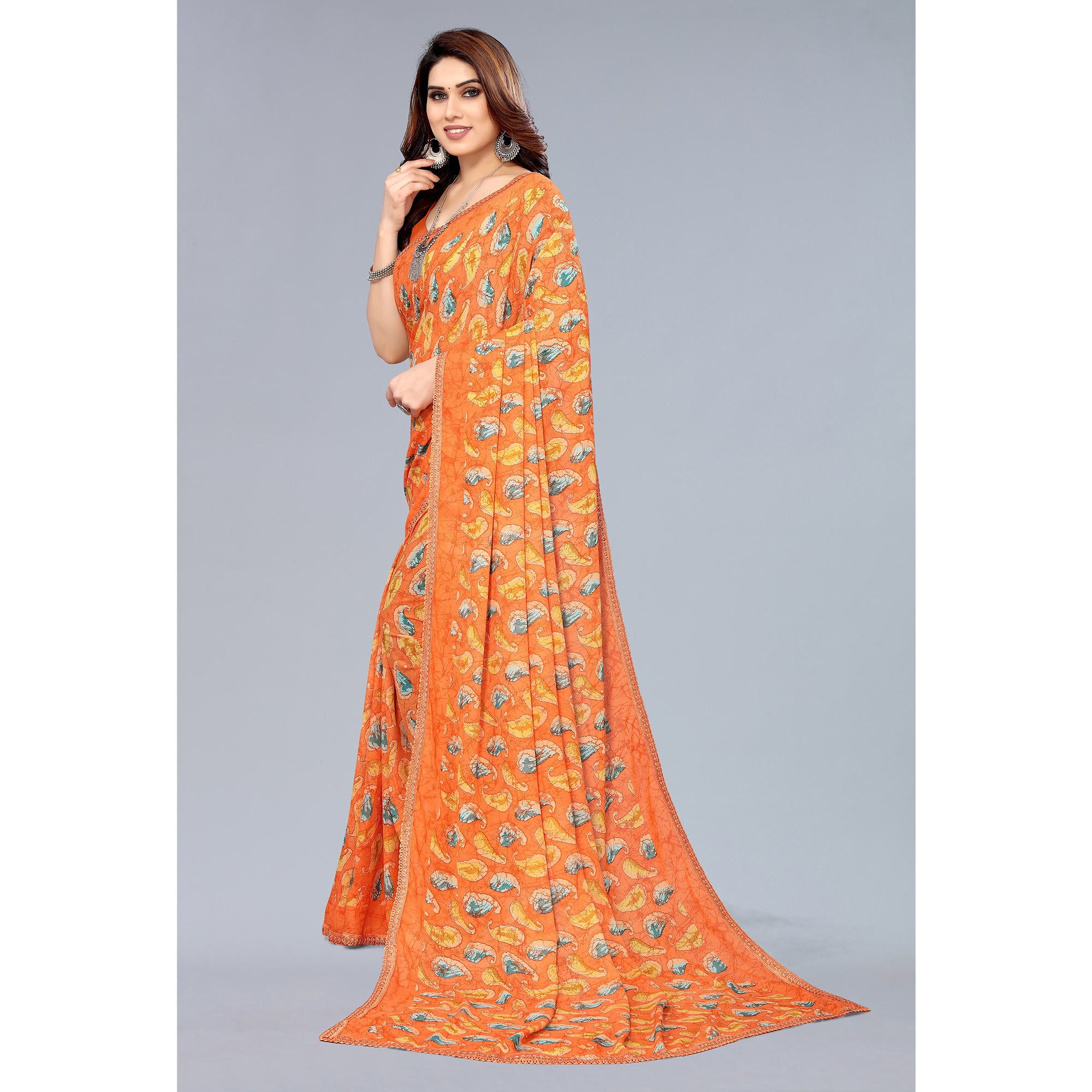 Orange Printed Georgette Saree With Crochet Border