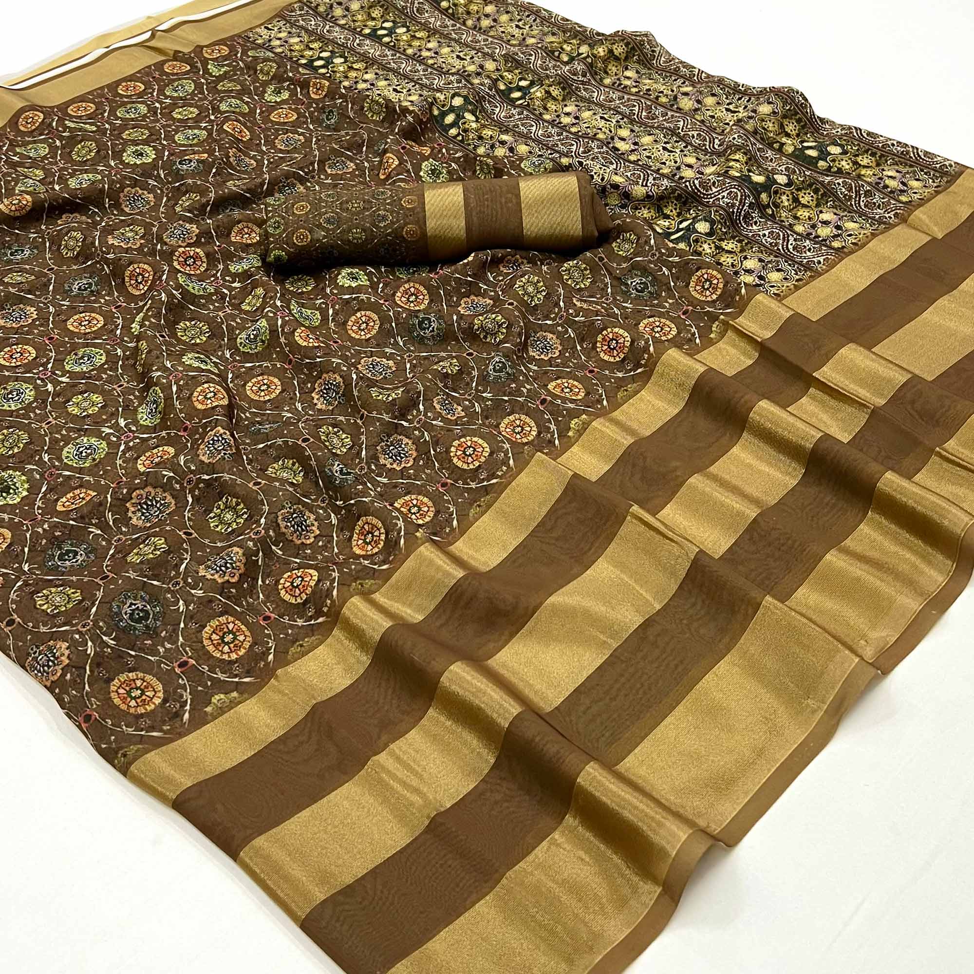 Brown Digital Floral Printed Viscose Saree