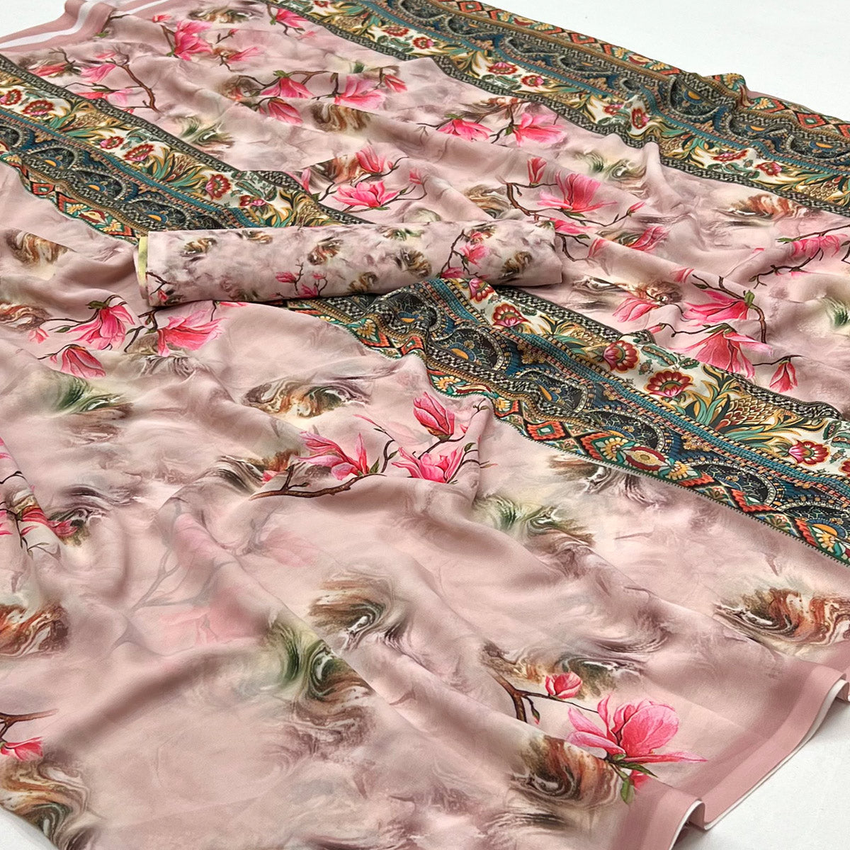 Peach Floral Digital Printed Georgette Saree
