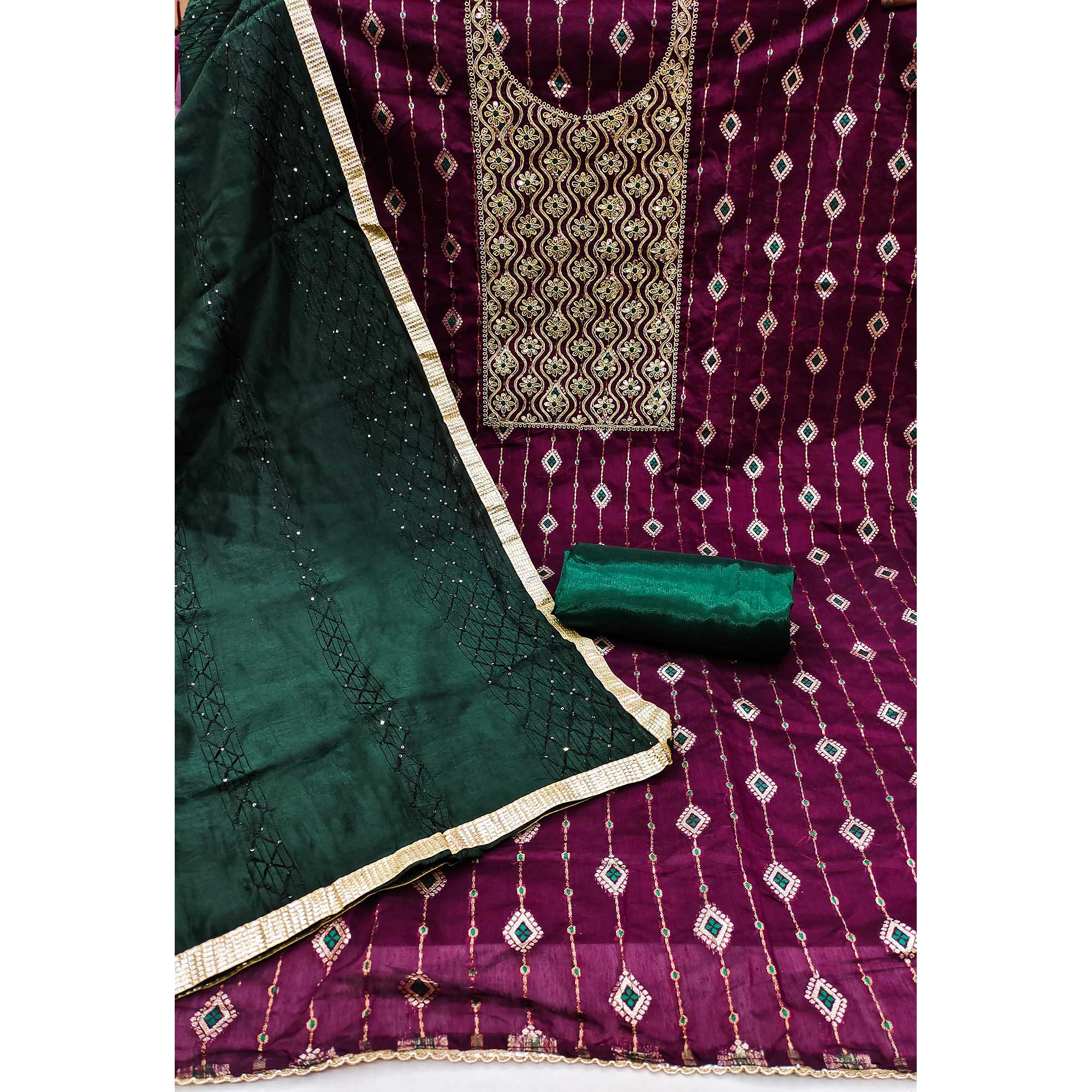 Wine Woven With Embroidered Modal Dress Material