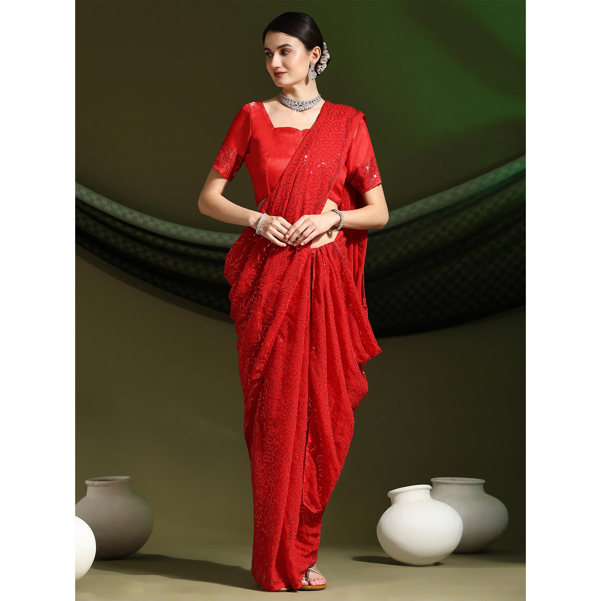 Red Sequins Embroidered Georgette Saree