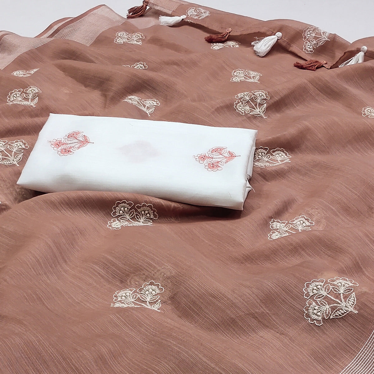 Brown Floral Embroidered Raw Silk Saree