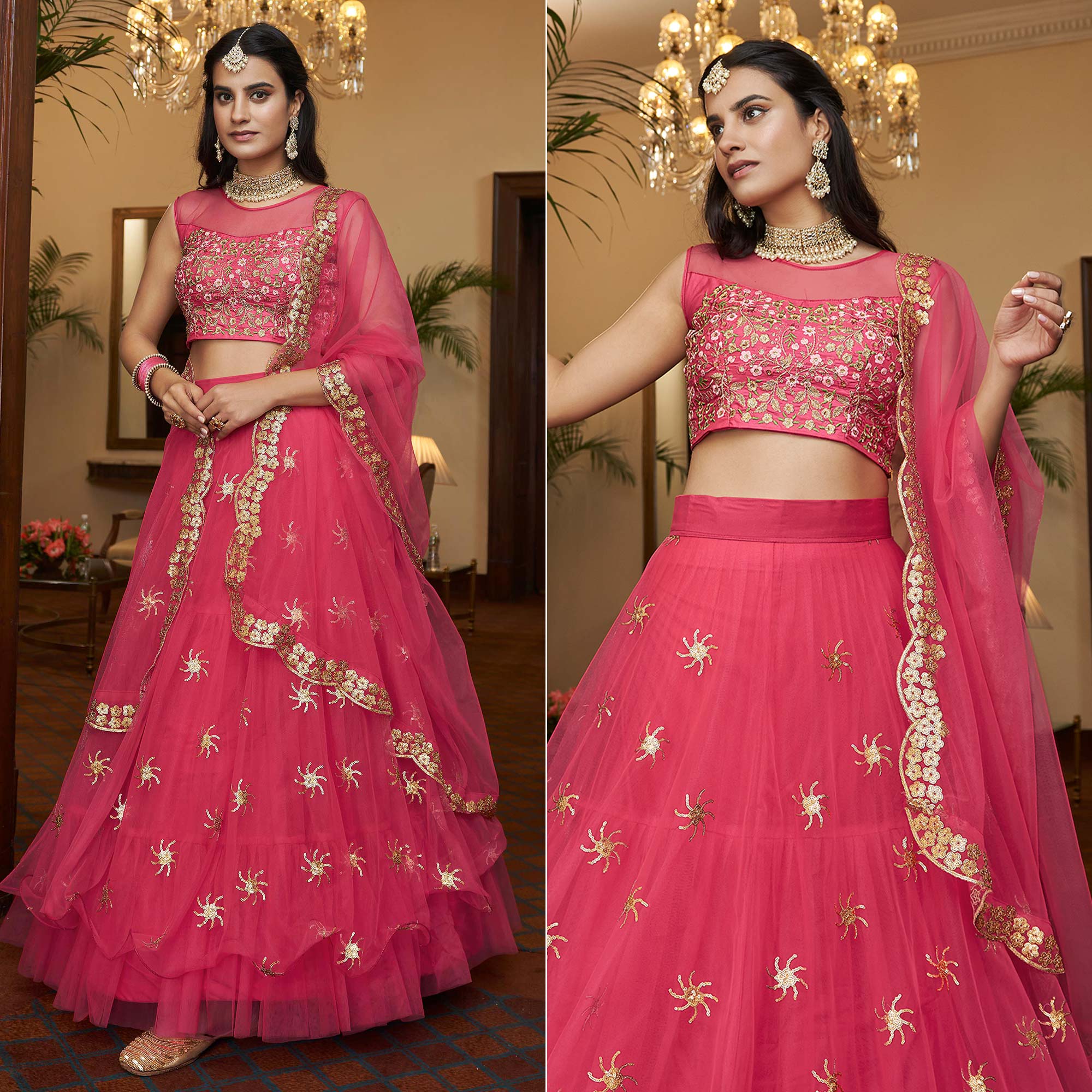 Bright Pink Sequins Embroidered Netted Lehenga Choli