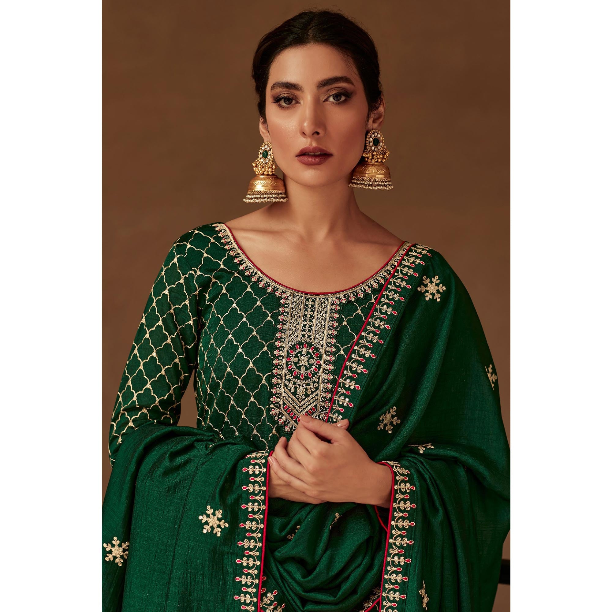 Green Floral Embroidered Art Silk Palazzo Suit