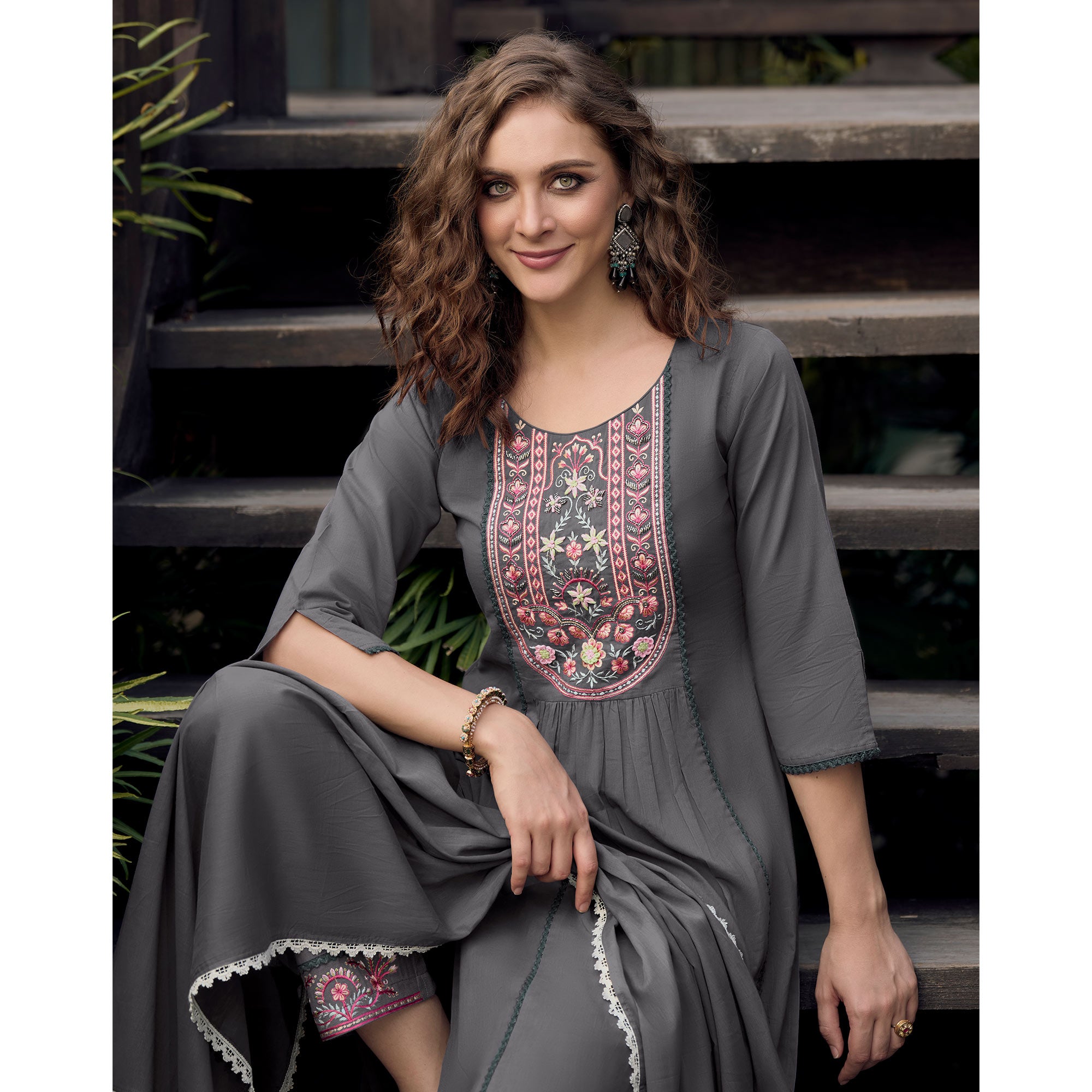 Grey Embroidered Pure Cotton Suit