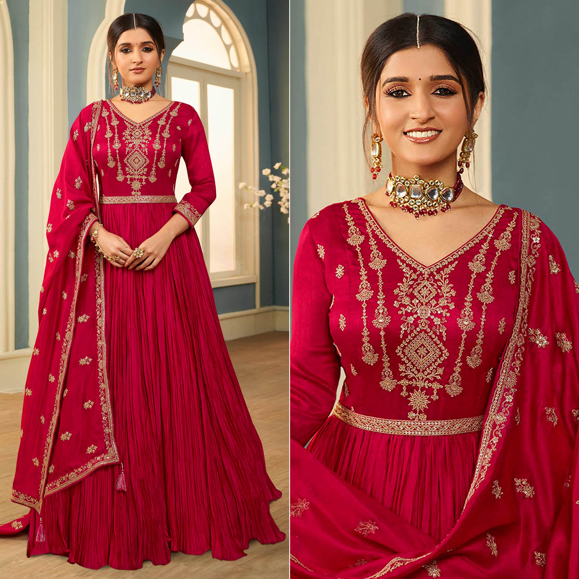 Magenta Pink Embroidered Georgette Gown